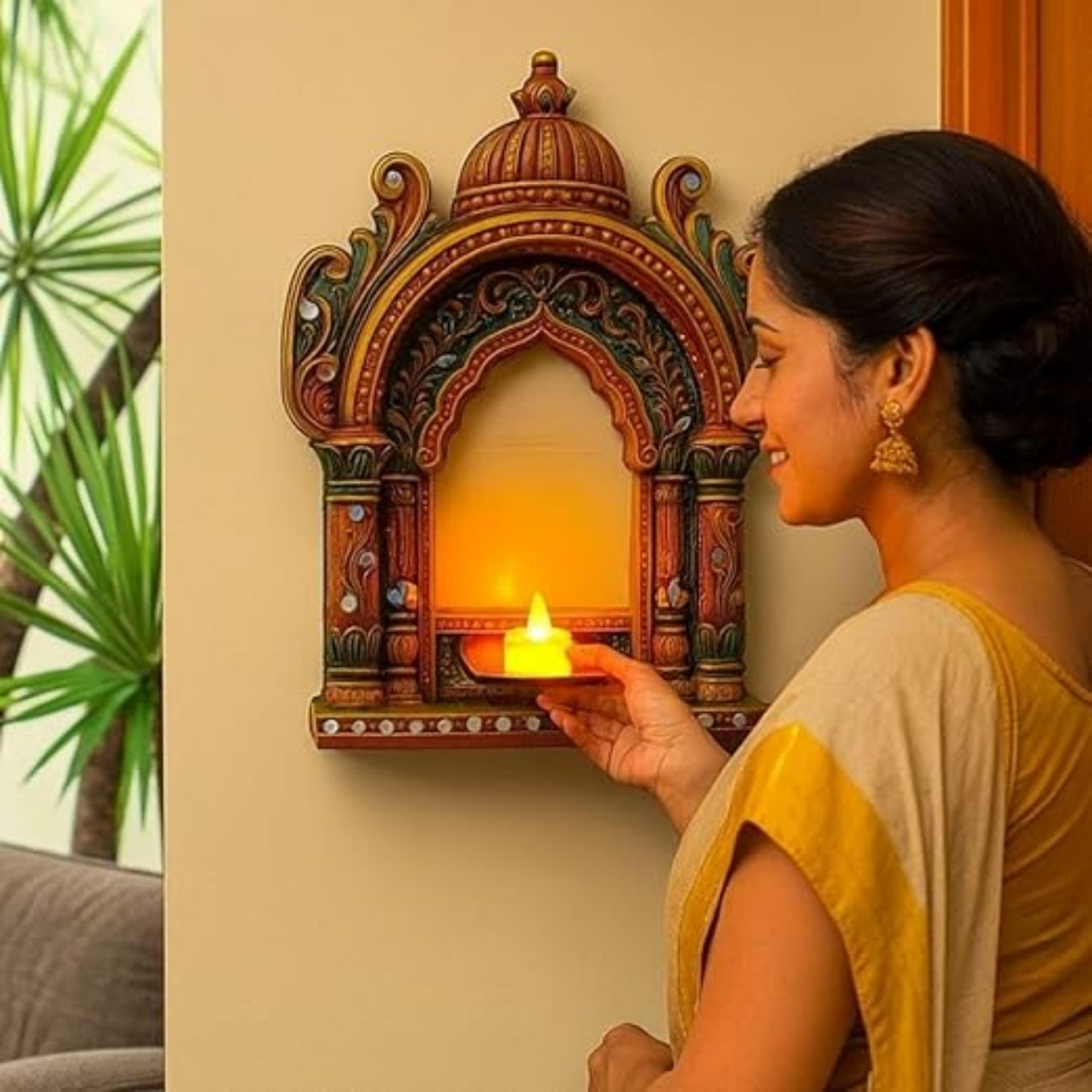 Jharokha Wall Hanging Tea Light Holder | Showpiece & Photo Frame Stand | Decorative Wall Mounted Jharokha for Home Décor, Mandir & Living Room Decoration - 15 Inch - Apkamart