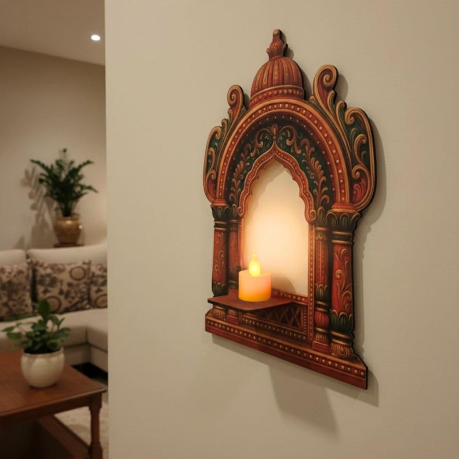 Jharokha Wall Hanging Tea Light Holder | Showpiece & Photo Frame Stand | Decorative Wall Mounted Jharokha for Home Décor, Mandir & Living Room Decoration - 15 Inch - Apkamart
