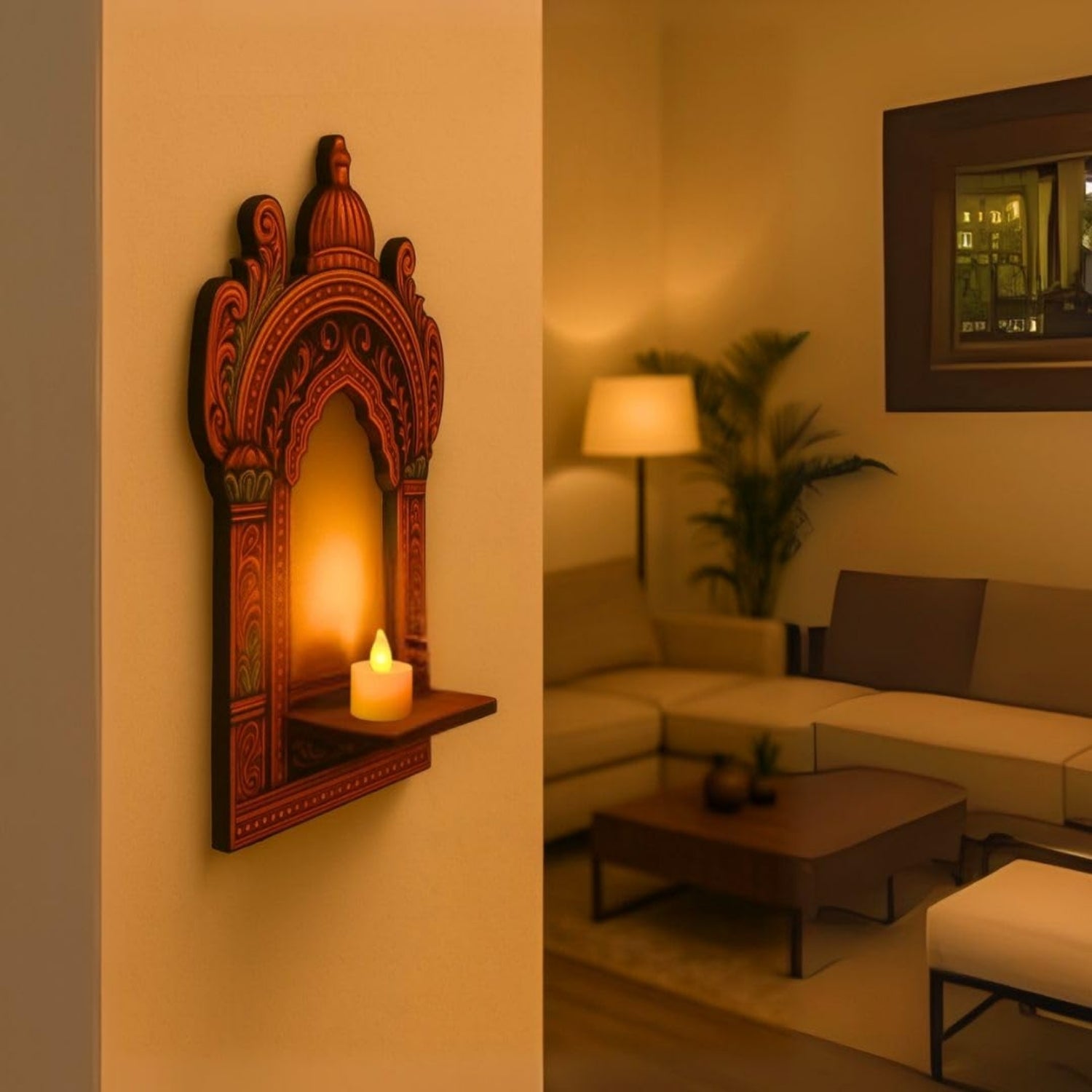 Jharokha Wall Hanging Tea Light Holder | Showpiece & Photo Frame Stand | Decorative Wall Mounted Jharokha for Home Décor, Mandir & Living Room Decoration - 15 Inch - Apkamart