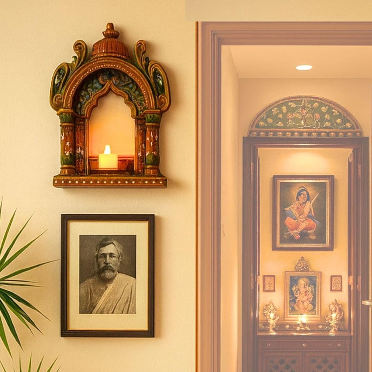 Jharokha Wall Hanging Tea Light Holder | Showpiece & Photo Frame Stand | Decorative Wall Mounted Jharokha for Home Décor, Mandir & Living Room Decoration - 15 Inch - Apkamart