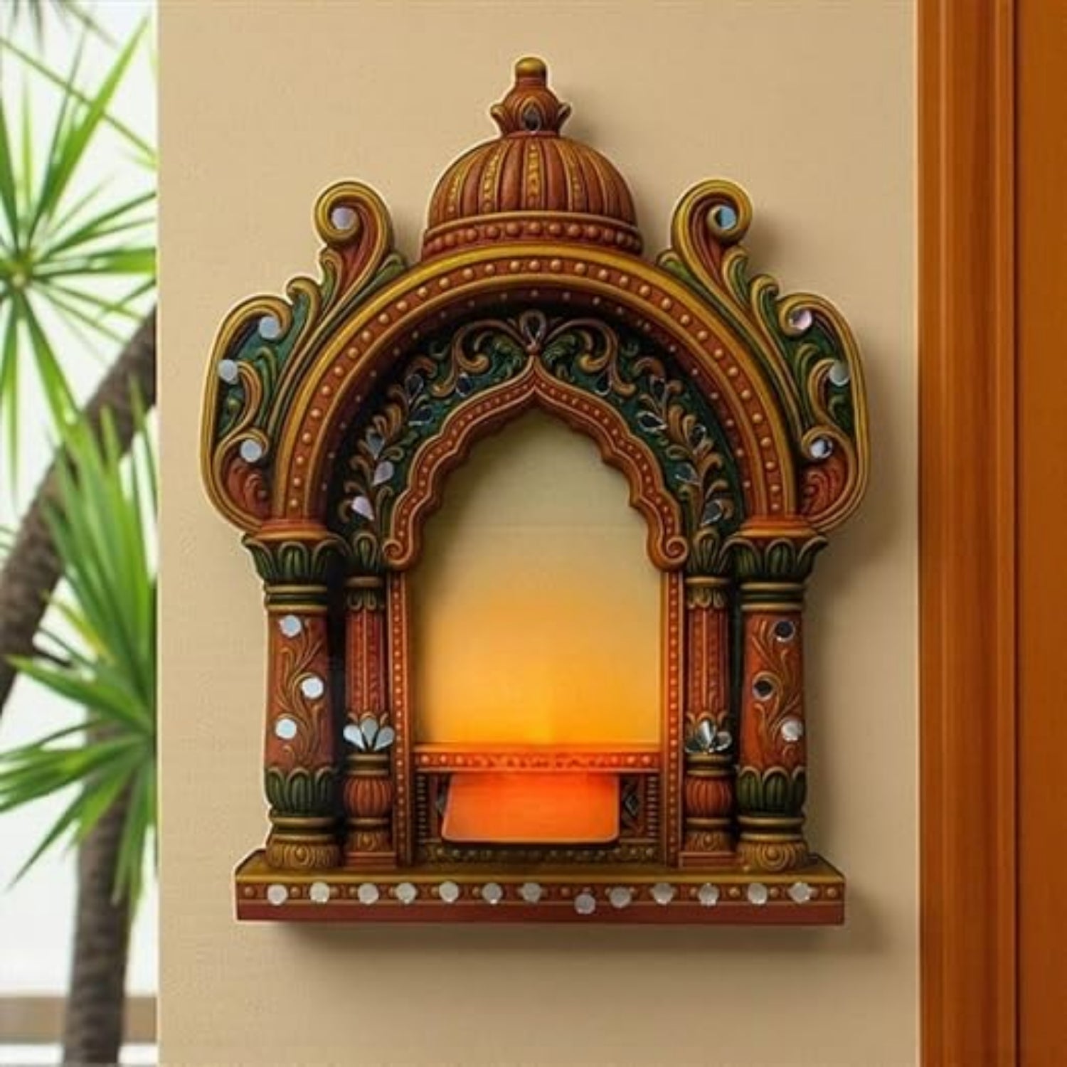 Jharokha Wall Hanging Tea Light Holder | Showpiece & Photo Frame Stand | Decorative Wall Mounted Jharokha for Home Décor, Mandir & Living Room Decoration - 15 Inch - Apkamart