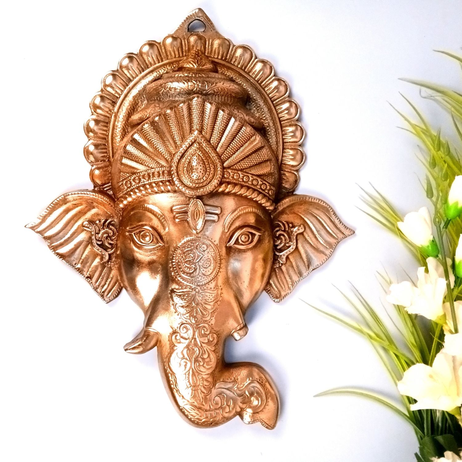 Ganesh Face Wall Hanging Showpiece | Metal Ganpati Idol for Wall & Table Decor | Handcrafted Spiritual Home Decor | Gift for Housewarming, Diwali & Festivals - 17 Inch - Apkamart