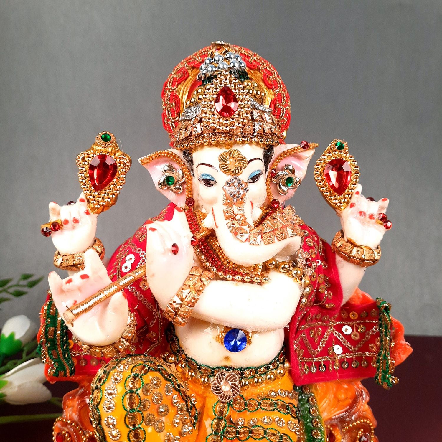 Ganesh Statue - Beads Work With Premium Finish | Ganesha Decorated Idol - for Home, Living Room, Office, Puja, Entrance Decor & Gifts - 10 Inch - Apkamart