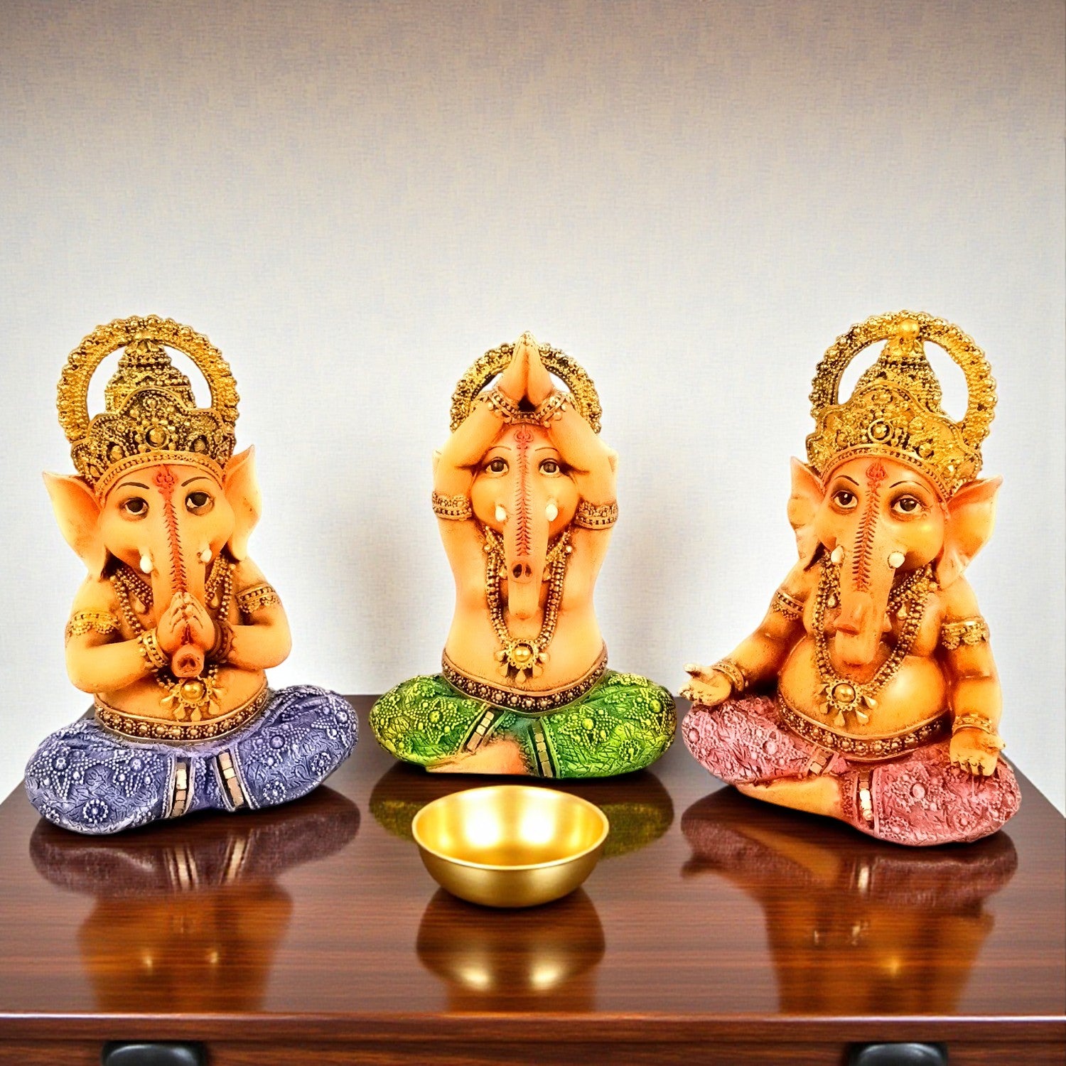 Shri Ganesh Idol | Ganesha Different Poses for Home, Pooja Room & Vastu | Religious Table Decor, Diwali & Festive Gift - Set of 3 - Apkamart