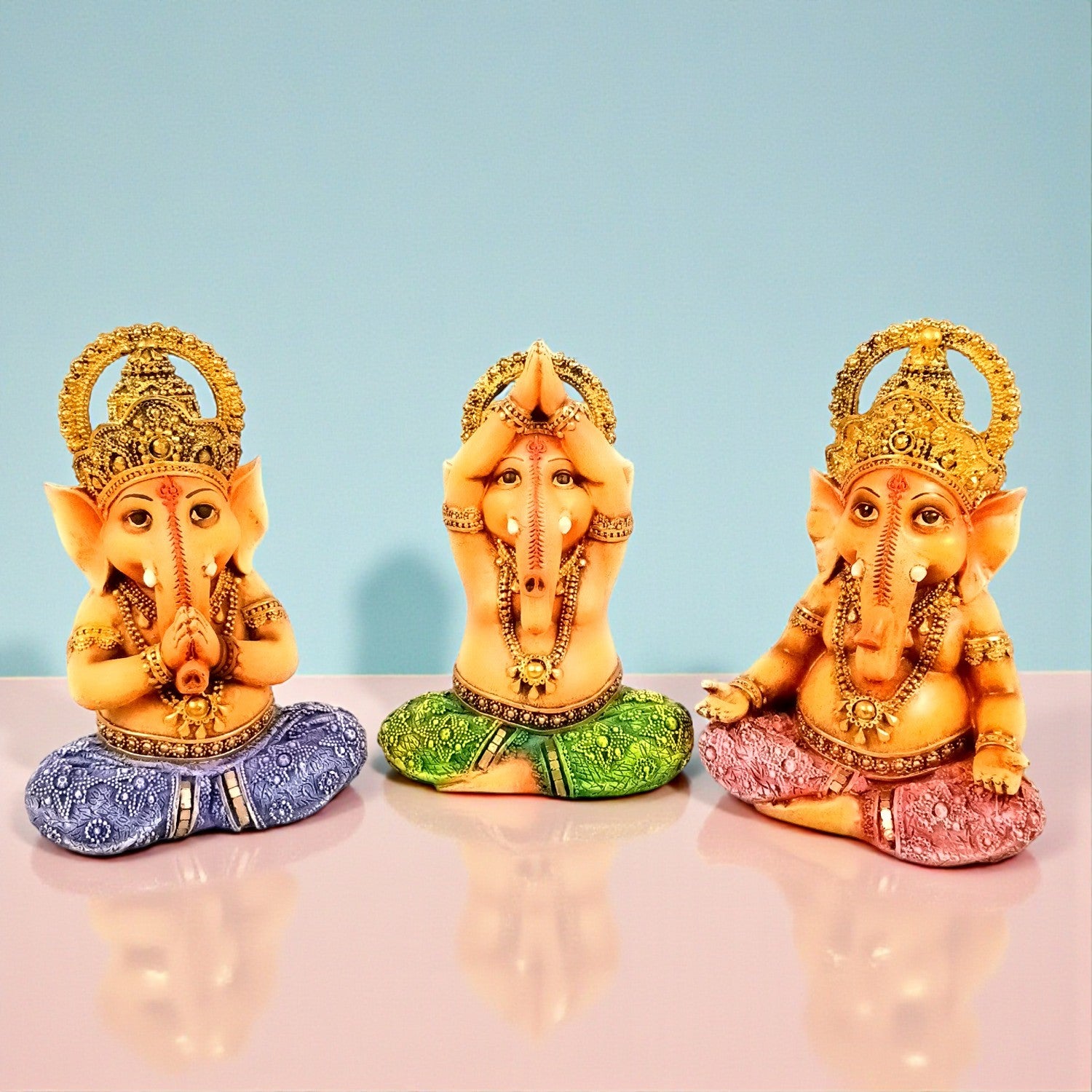 Shri Ganesh Idol | Ganesha Different Poses for Home, Pooja Room & Vastu | Religious Table Decor, Diwali & Festive Gift - Set of 3 - Apkamart