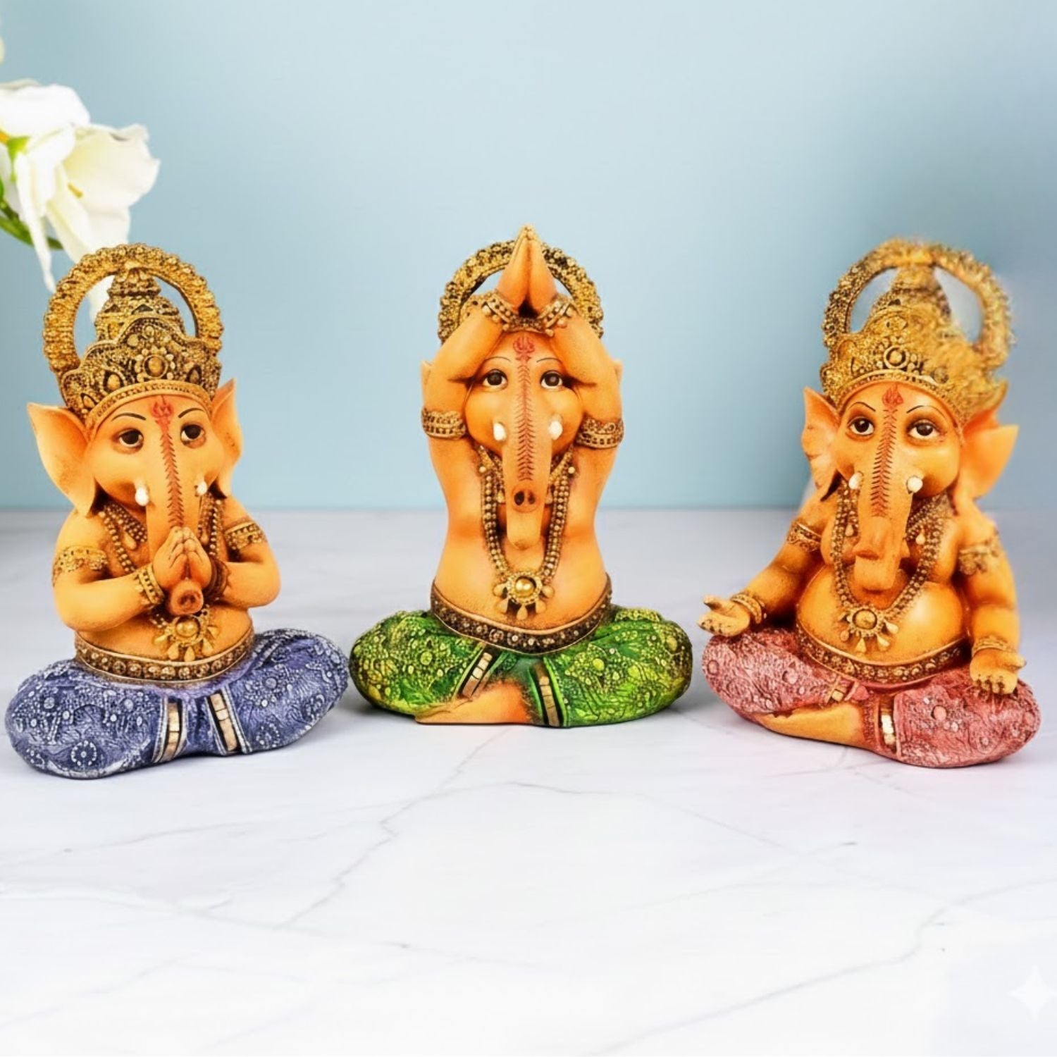 Shri Ganesh Idol | Ganesha Different Poses for Home, Pooja Room & Vastu | Religious Table Decor, Diwali & Festive Gift - Set of 3 - Apkamart