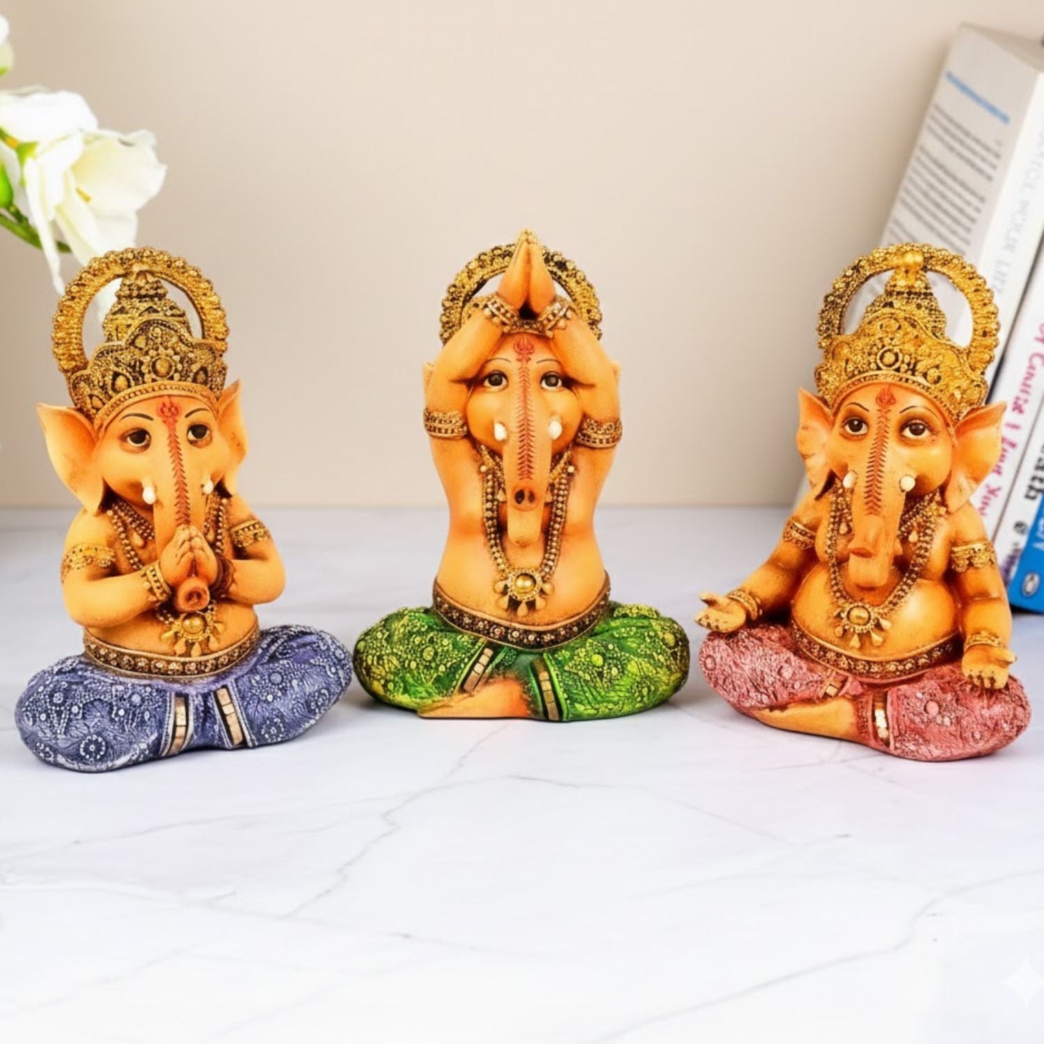 Shri Ganesh Idol | Ganesha Different Poses for Home, Pooja Room & Vastu | Religious Table Decor, Diwali & Festive Gift - Set of 3 - Apkamart