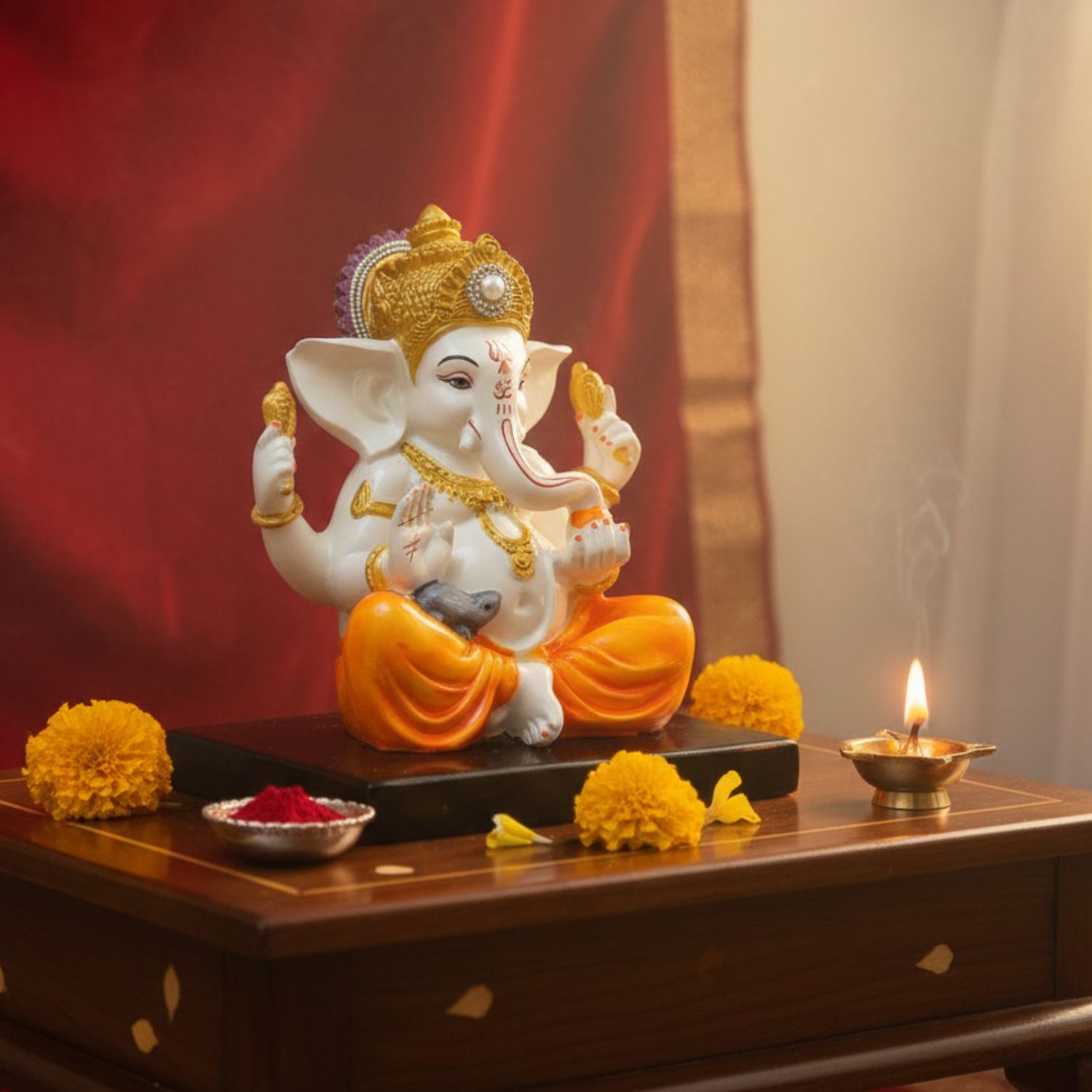 Ganesh Statue With Stone Work | Ganesha Idol Marble Look | Ganpati Murti - Puja, Home, Office Desk, Table Decor, Diwali Gift - 6 Inch - apkamart #Color_Yellow