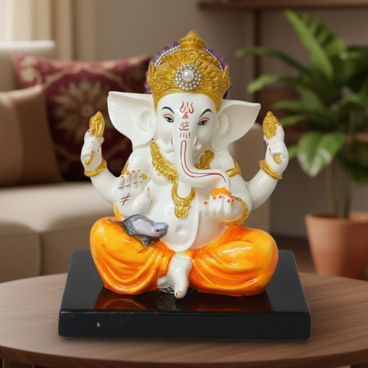 Ganesh Statue With Stone Work | Ganesha Idol Marble Look | Ganpati Murti - Puja, Home, Office Desk, Table Decor, Diwali Gift - 6 Inch - apkamart #Color_Yellow