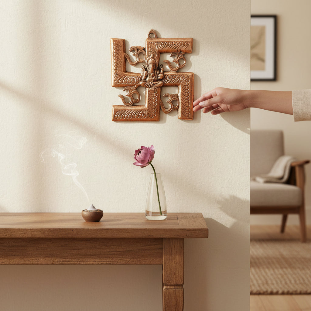 Swastik Ganesh Wall Hanging | Lord Ganesh with Swastik Metal Wall Décor for Home Entrance, Pooja Room & Vastu | Auspicious Decorative Wall Art for Living Room - 6 Inch - Apkamart