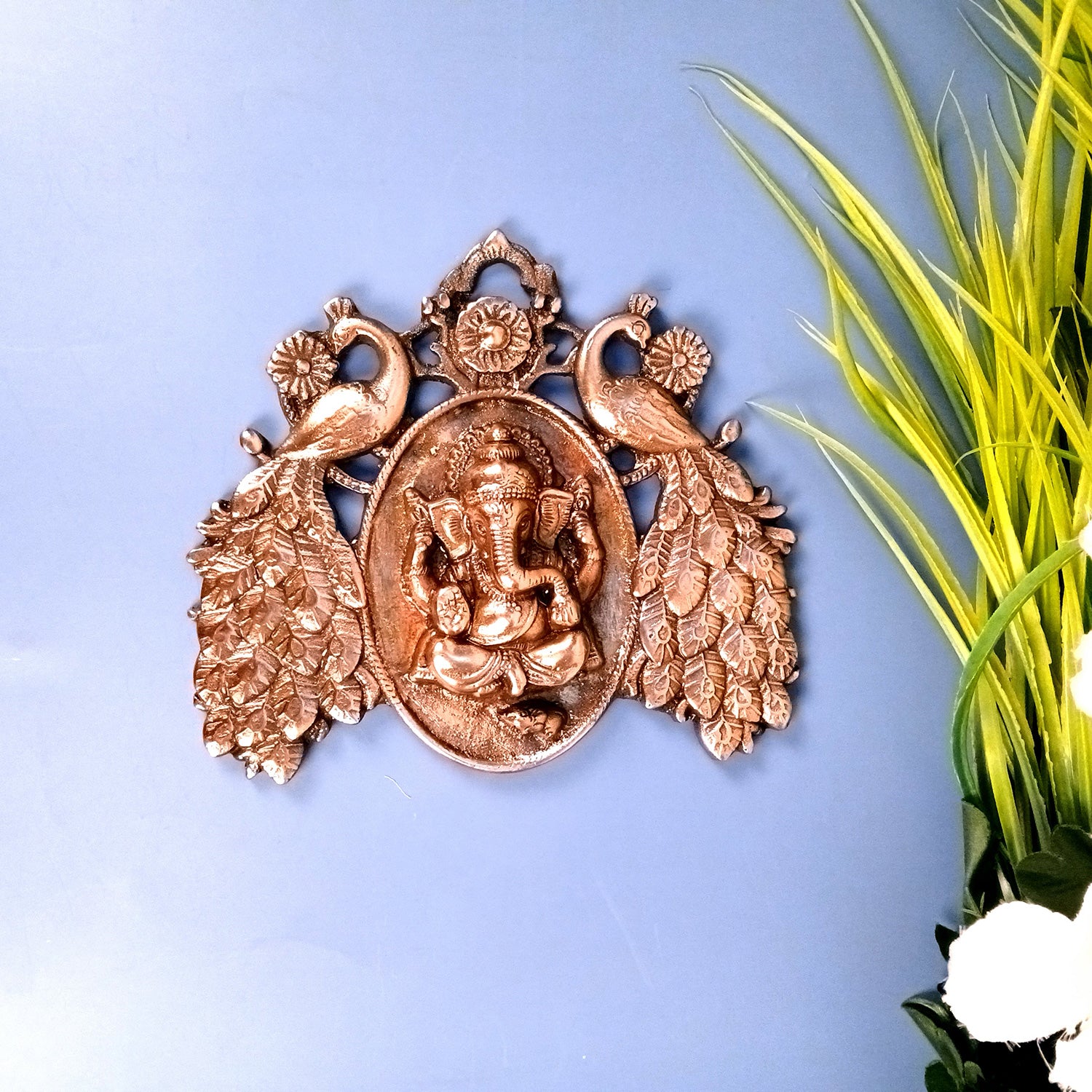 Ganesh Wall Hanging Idol | Lord Ganesha With Peacock Wall Statue Decor | Religious & Spiritual Wall Art - For Puja, Home & Entrance Living Room Decor & Gift - 9 Inch - Apkamart