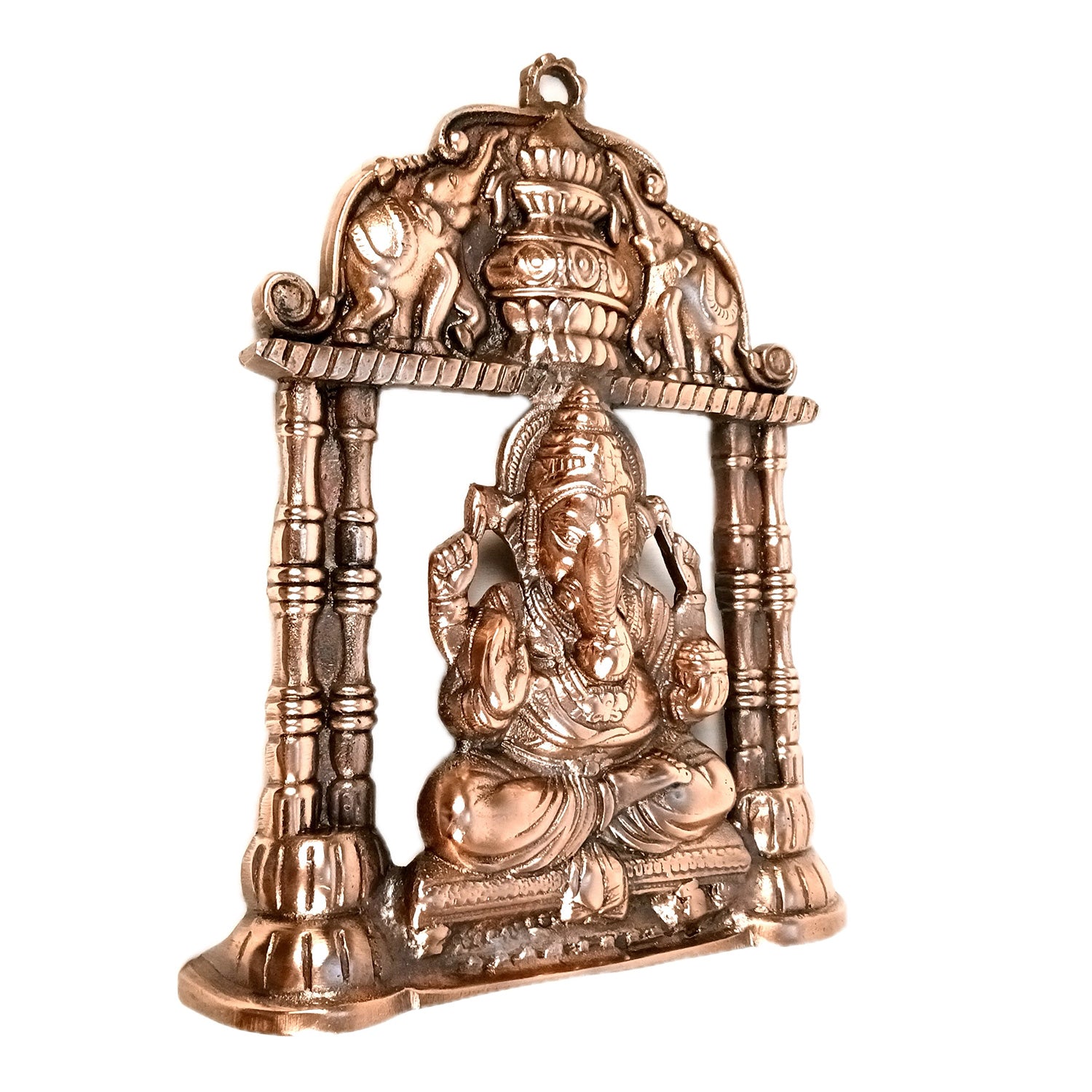 Ganesh Wall Hanging With Elephants On Side | Ganesha Wall Idol for Puja, Home, Living Room Decor | Diwali & Housewarming Gift - 12 Inch (Metal - Alloy, Color - Copper Shade) - Apkamart