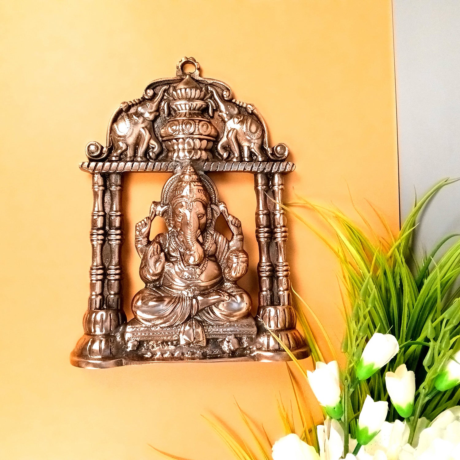 Ganesh Wall Hanging With Elephants On Side | Ganesha Wall Idol for Puja, Home, Living Room Decor | Diwali & Housewarming Gift - 12 Inch (Metal - Alloy, Color - Copper Shade) - Apkamart