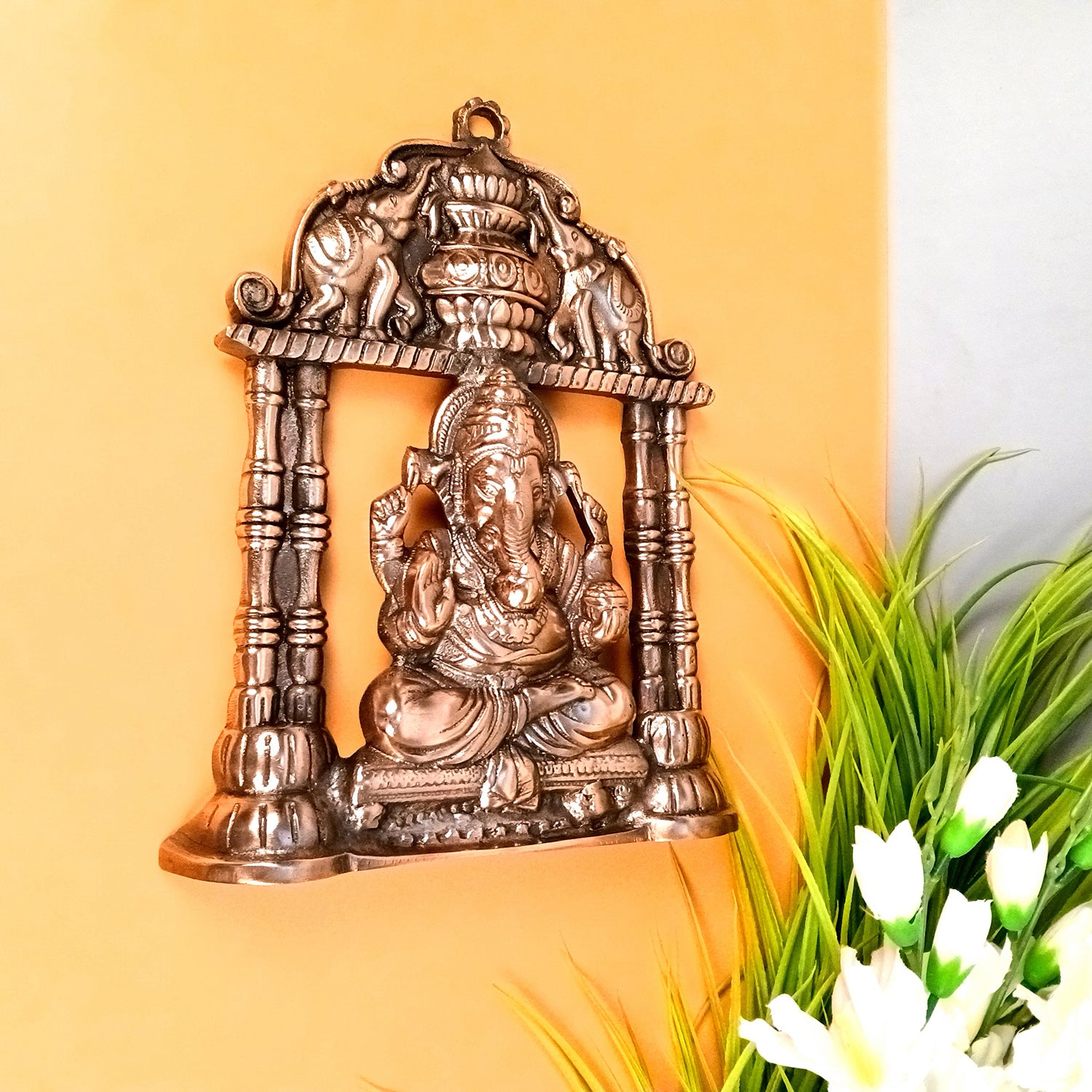 Ganesh Wall Hanging With Elephants On Side | Ganesha Wall Idol for Puja, Home, Living Room Decor | Diwali & Housewarming Gift - 12 Inch (Metal - Alloy, Color - Copper Shade) - Apkamart