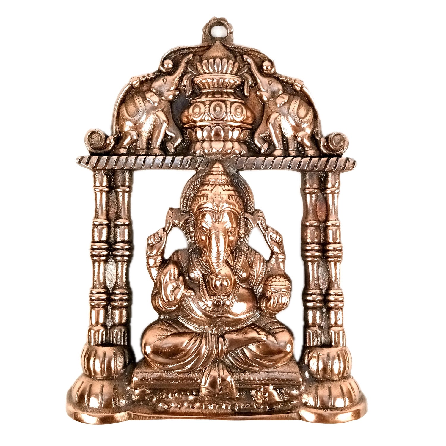 Ganesh Wall Hanging With Elephants On Side | Ganesha Wall Idol for Puja, Home, Living Room Decor | Diwali & Housewarming Gift - 12 Inch (Metal - Alloy, Color - Copper Shade) - Apkamart