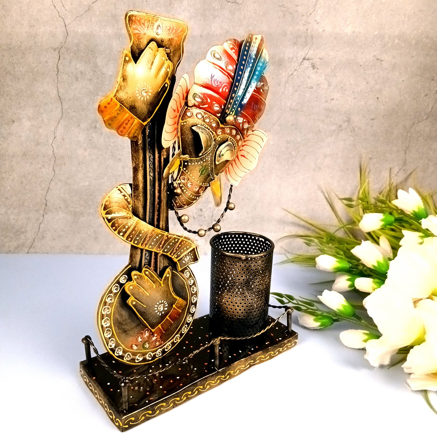 Ganesha Pen Holder Showpiece | Stationary Organizers | Multipurpose Cutlery Spoon Stand - For Study Table, Desk, Office, Dining Table, Home Decor - Apkamart