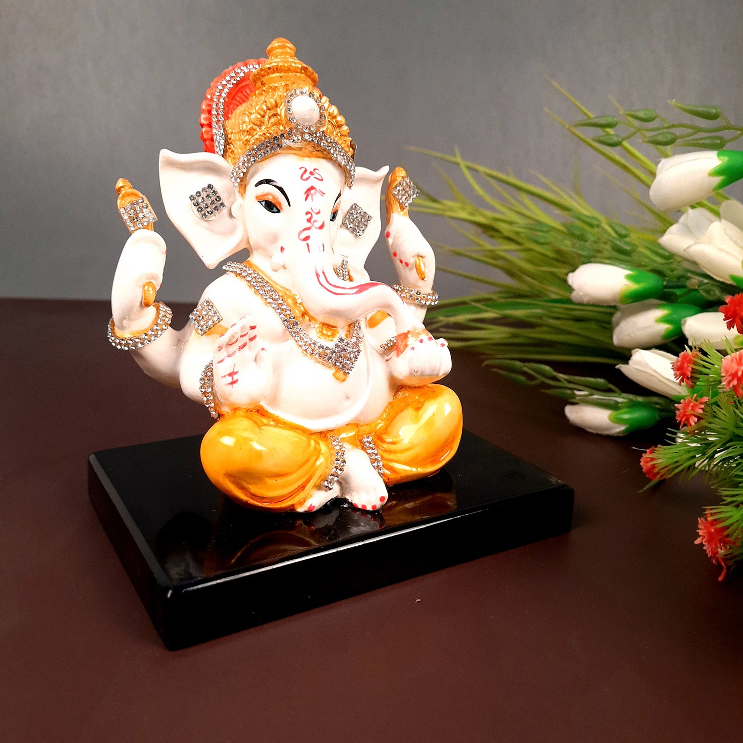 Ganesh Statue With Stone Work | Ganesha Idol Marble Look | Ganpati Murti - Puja, Home, Office Desk, Table Decor, Diwali Gift - 6 Inch - apkamart #Color_Yellow