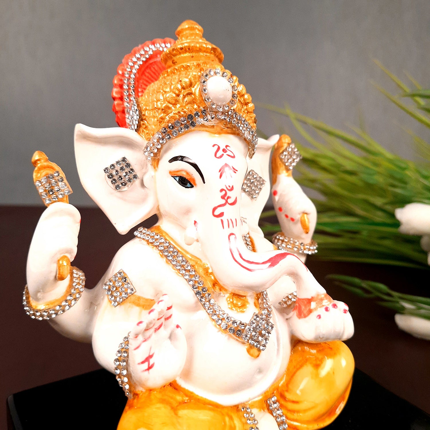 Ganesh Statue With Stone Work | Ganesha Idol Marble Look | Ganpati Murti - Puja, Home, Office Desk, Table Decor, Diwali Gift - 6 Inch - apkamart #Color_Yellow