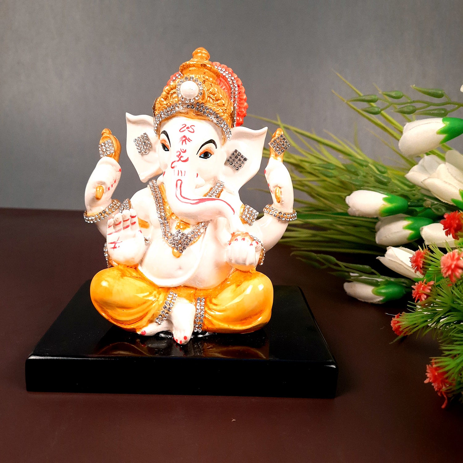 Ganesh Statue With Stone Work | Ganesha Idol Marble Look | Ganpati Murti - Puja, Home, Office Desk, Table Decor, Diwali Gift - 6 Inch - apkamart #Color_Yellow