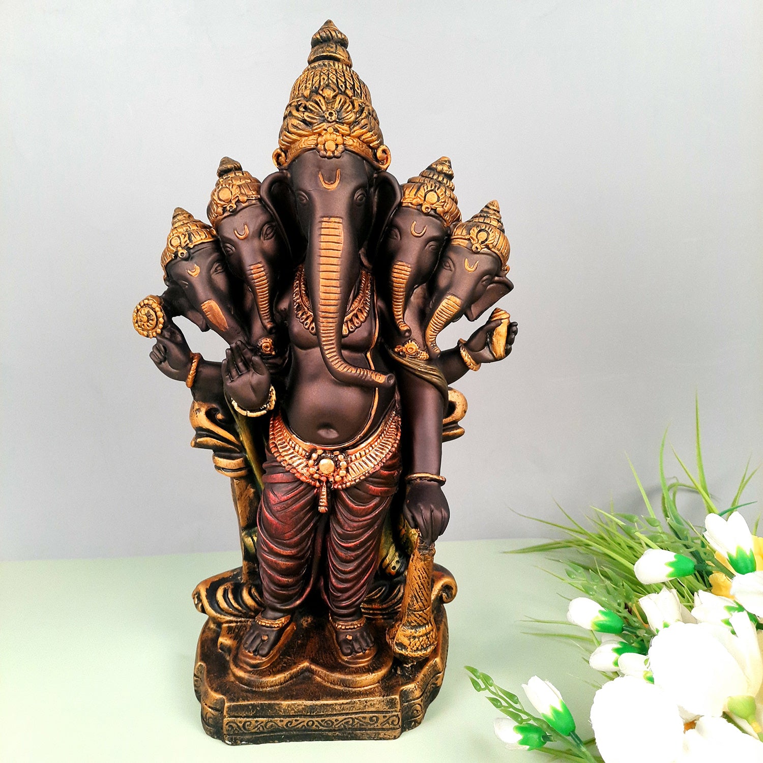 Panchmukhi Ganesh Idol | Big Lord Ganesha Statue Murti - for Puja, Home & Entrance Living Room Decor & Gift - 18 Inch - apkamart #Color_Brown