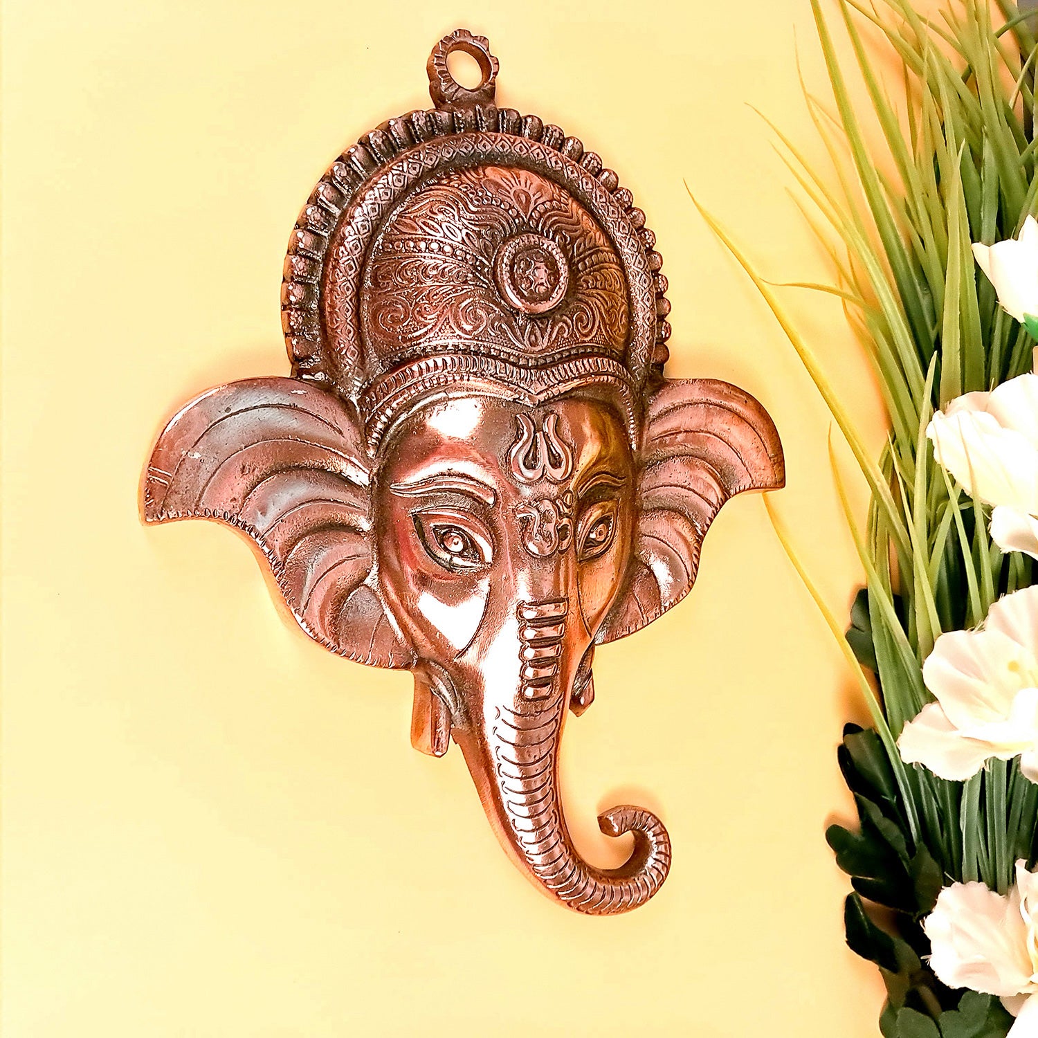 Ganesh Wall Hanging Statue | Lord Ganesha Face Wall Idol - For Puja, Home, Wall, Entrance, Living Room Decor & Gift - 13 Inch - Apkamart