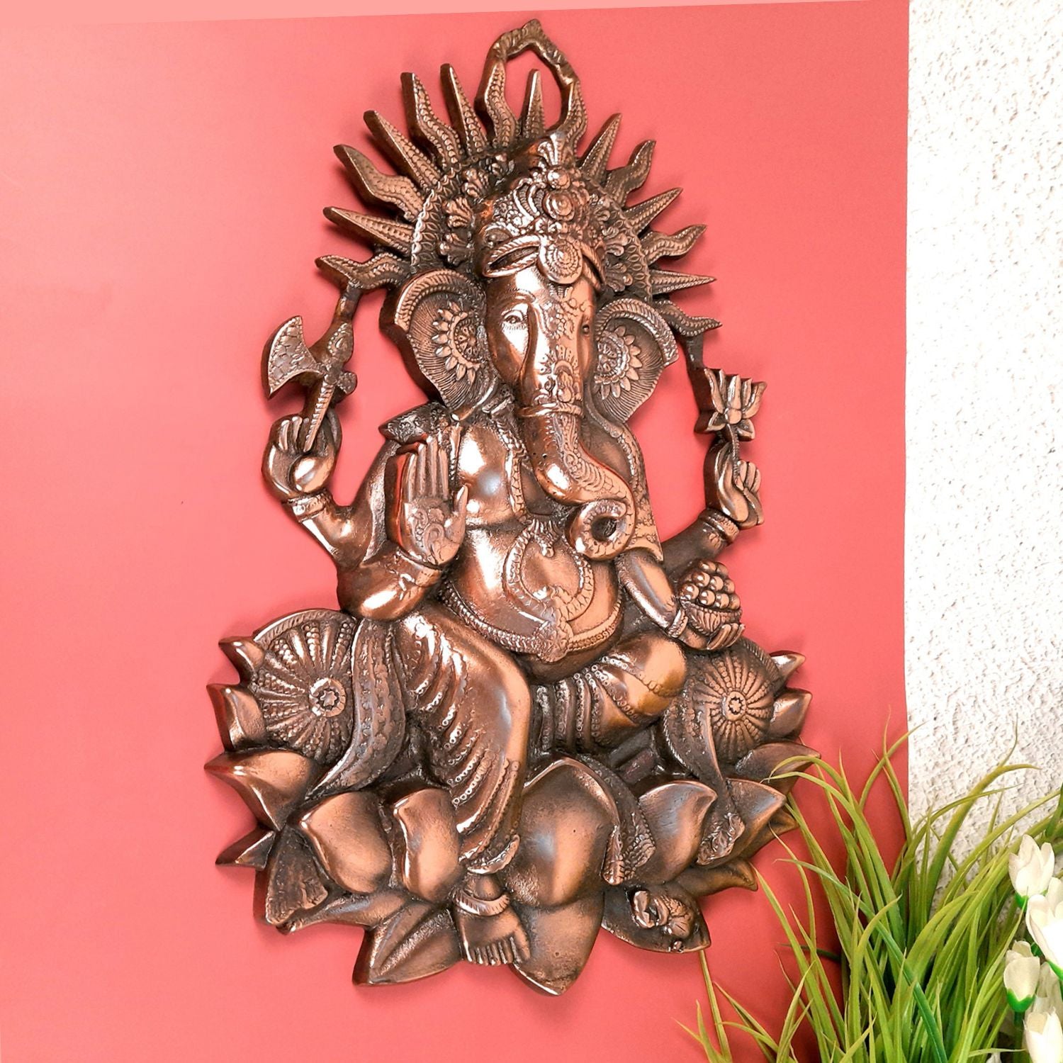 Ganesh Wall Hanging Idol - Sitting on Lotus/Kamal Design | Lord Ganesha Wall Decor - For Puja, Home, Entrance, Big Walls, Living Room & Gift - 19 Inch - Apkamart