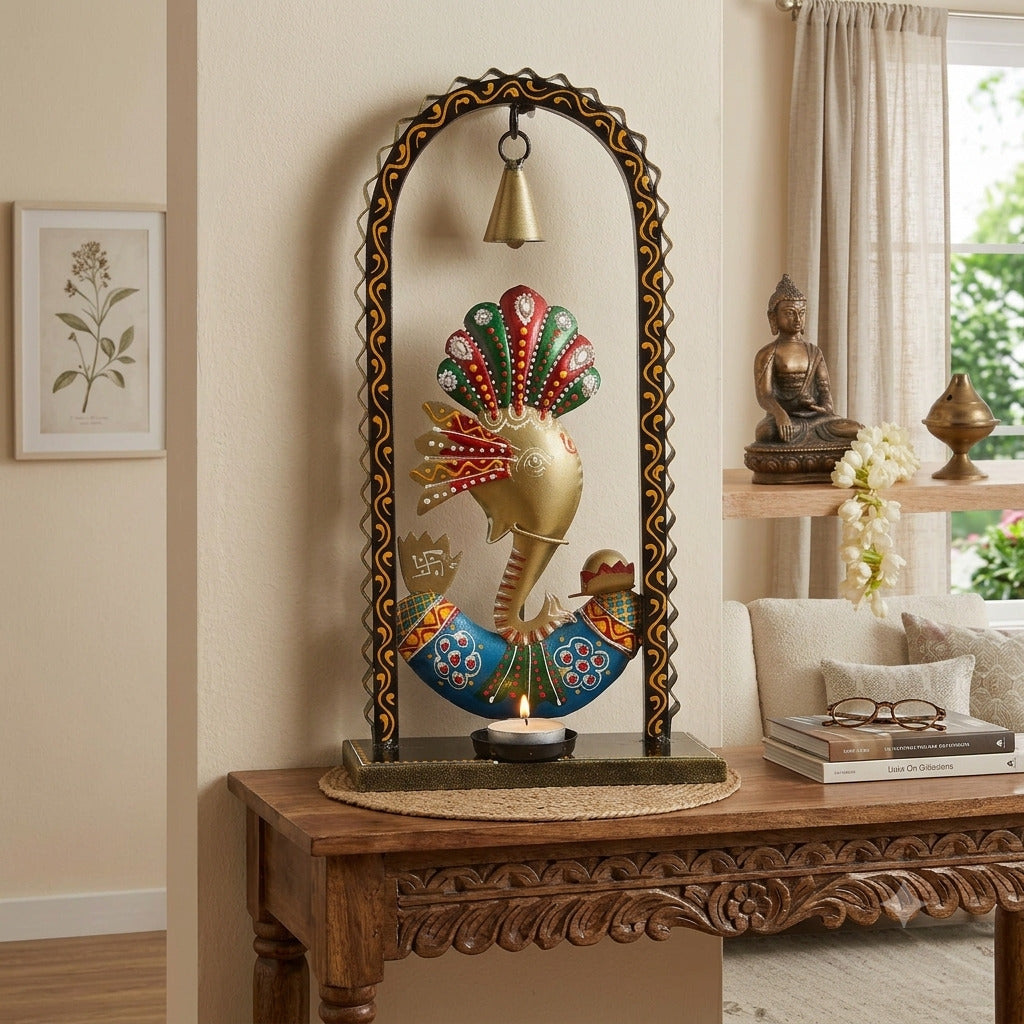 Ganesh Candle Holder Wall Hanging & Table Decor | Handcrafted Metal Tealight Holder for Home, Pooja Room, Diwali & Housewarming Gift-12 Inch