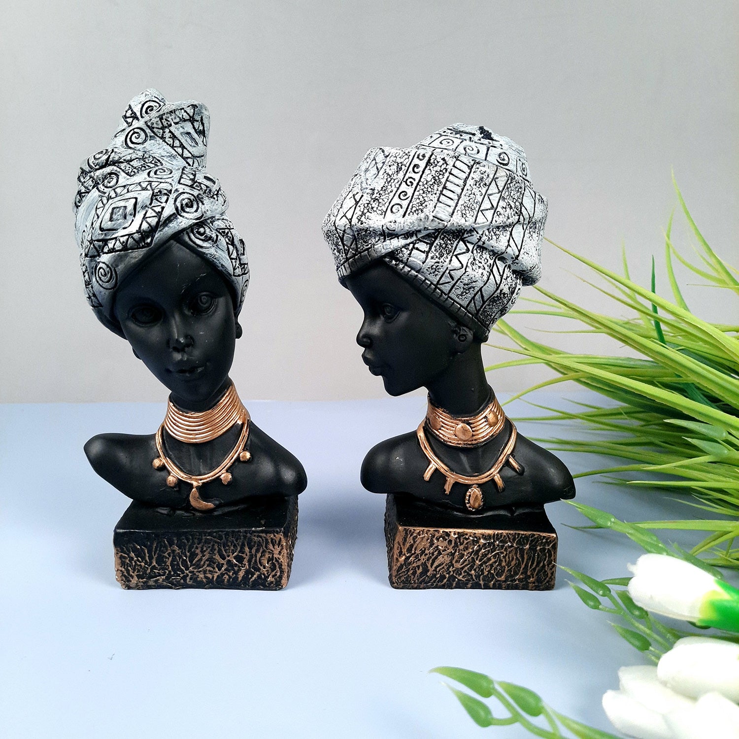 African Woman Statue Showpiece | Tribal Lady Bust Sculpture Figurine - For Home, Living Room, Shelf, Table, Desk Decor & Gifts - 8 Inch (Pack of 2) - Apkamart #Color_Silver