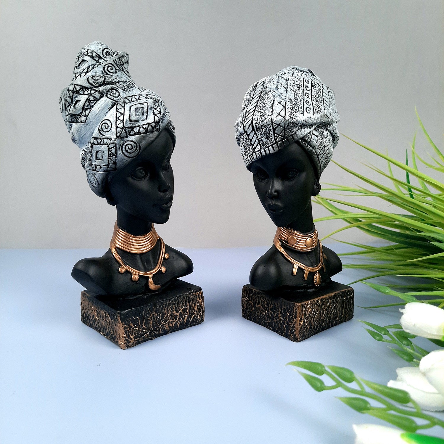 African Woman Statue Showpiece | Tribal Lady Bust Sculpture Figurine - For Home, Living Room, Shelf, Table, Desk Decor & Gifts - 8 Inch (Pack of 2) - Apkamart #Color_Silver