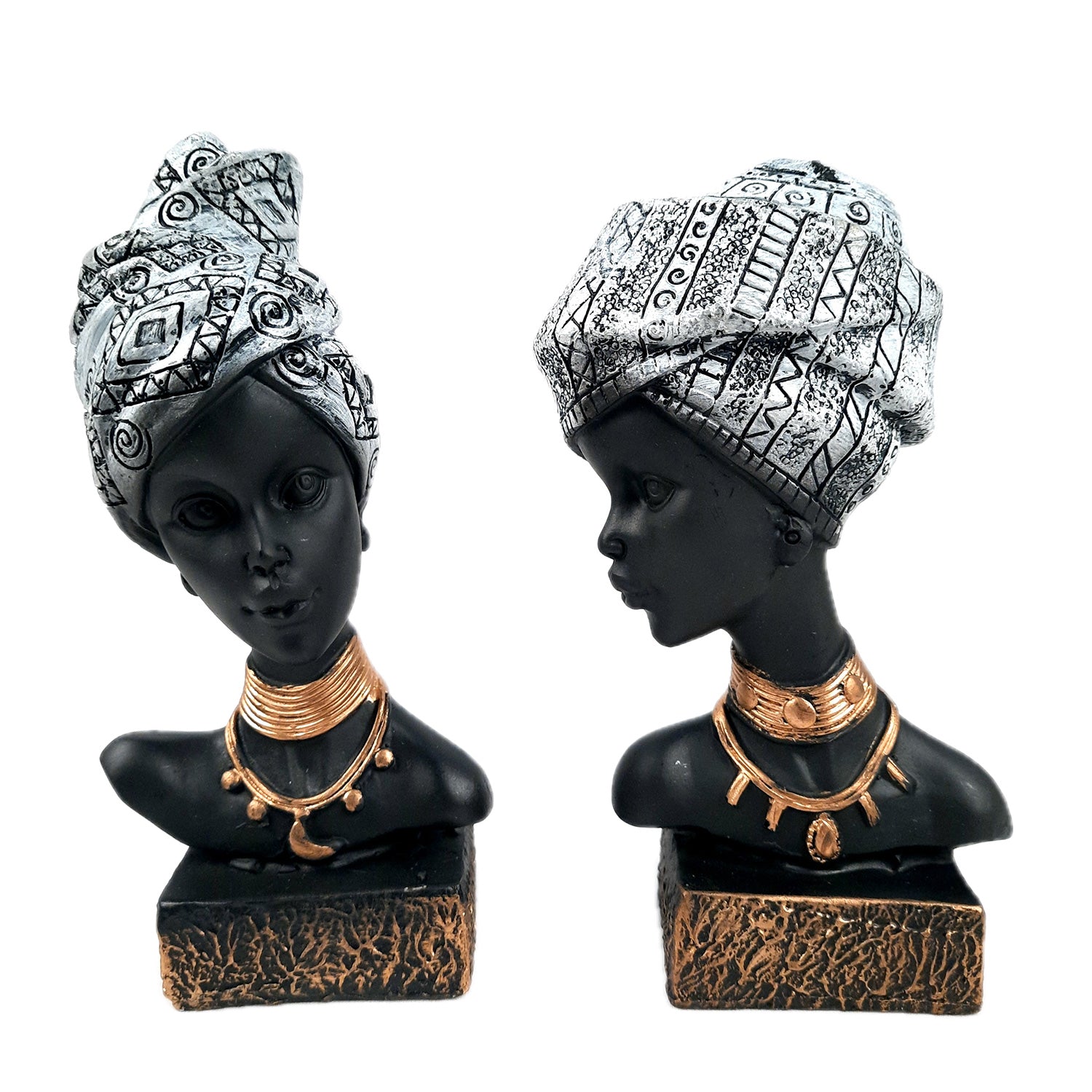 African Woman Statue Showpiece | Tribal Lady Bust Sculpture Figurine - For Home, Living Room, Shelf, Table, Desk Decor & Gifts - 8 Inch (Pack of 2) - Apkamart #Color_Silver