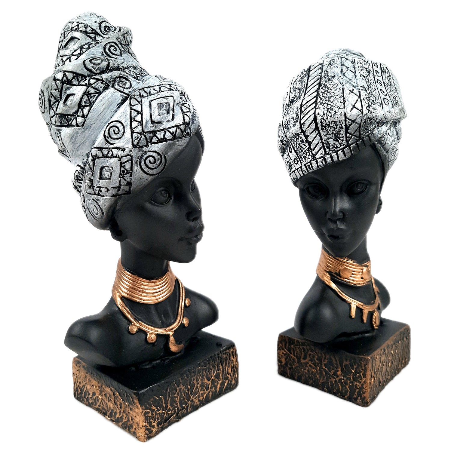 African Woman Statue Showpiece | Tribal Lady Bust Sculpture Figurine - For Home, Living Room, Shelf, Table, Desk Decor & Gifts - 8 Inch (Pack of 2) - Apkamart #Color_Silver