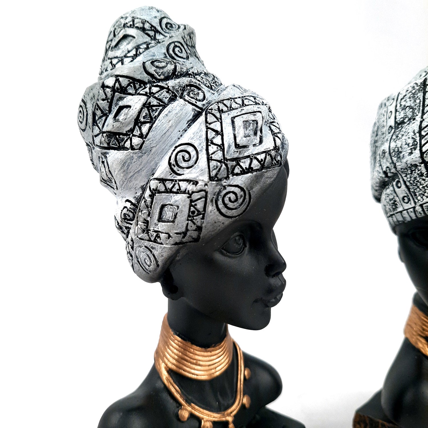 African Woman Statue Showpiece | Tribal Lady Bust Sculpture Figurine - For Home, Living Room, Shelf, Table, Desk Decor & Gifts - 8 Inch (Pack of 2) - Apkamart #Color_Silver