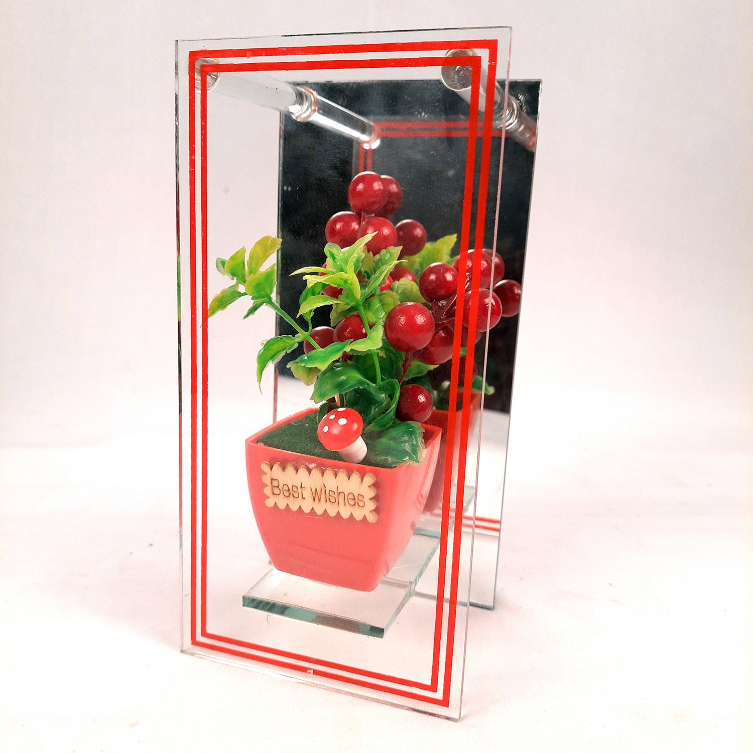 Flower Pot Showpiece Enclosed in Mirror Panels - For Home, Table, Shelf, Office Decor & Gifts - 8 Inch - apkamart #style_style 1