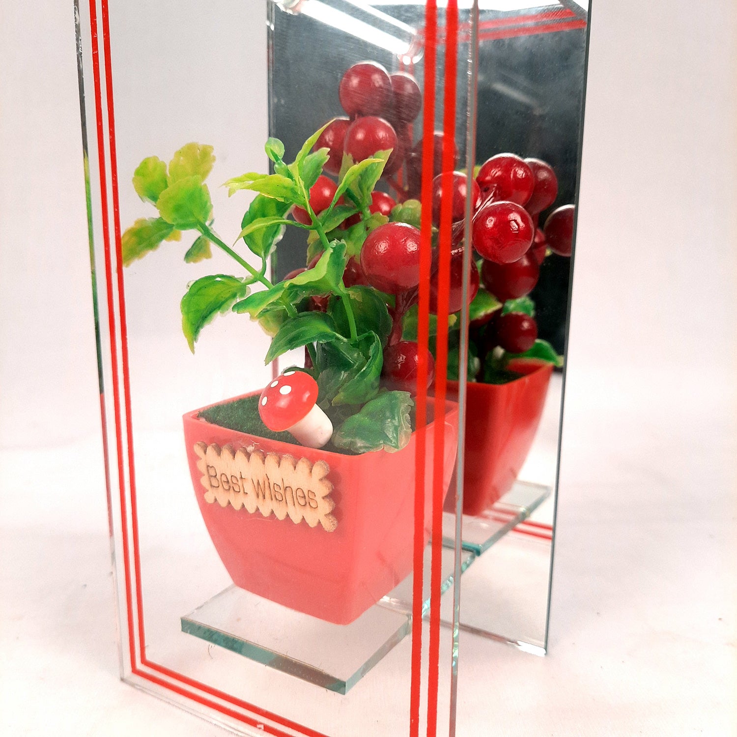 Flower Pot Showpiece Enclosed in Mirror Panels - For Home, Table, Shelf, Office Decor & Gifts - 8 Inch - apkamart #style_style 1