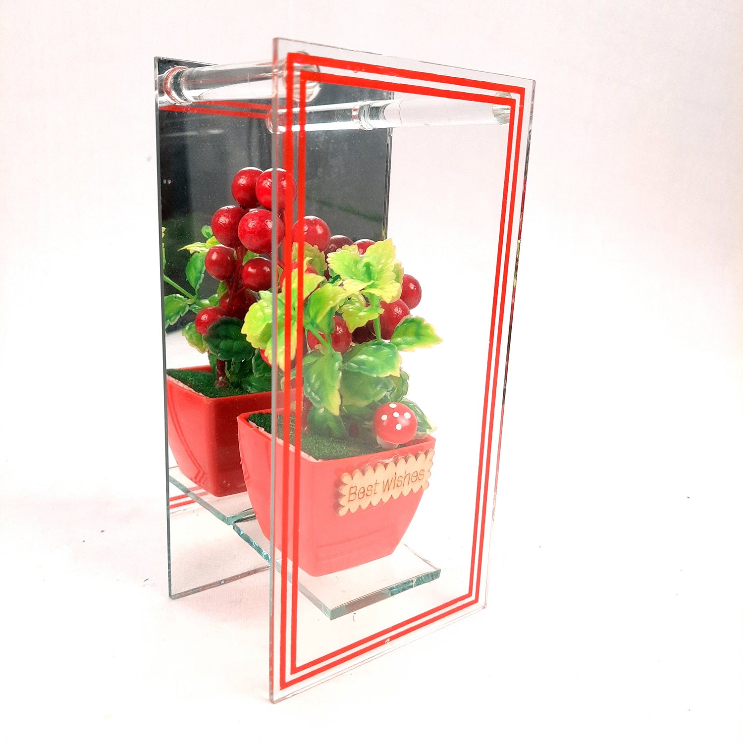 Flower Pot Showpiece Enclosed in Mirror Panels - For Home, Table, Shelf, Office Decor & Gifts - 8 Inch - apkamart #style_style 1