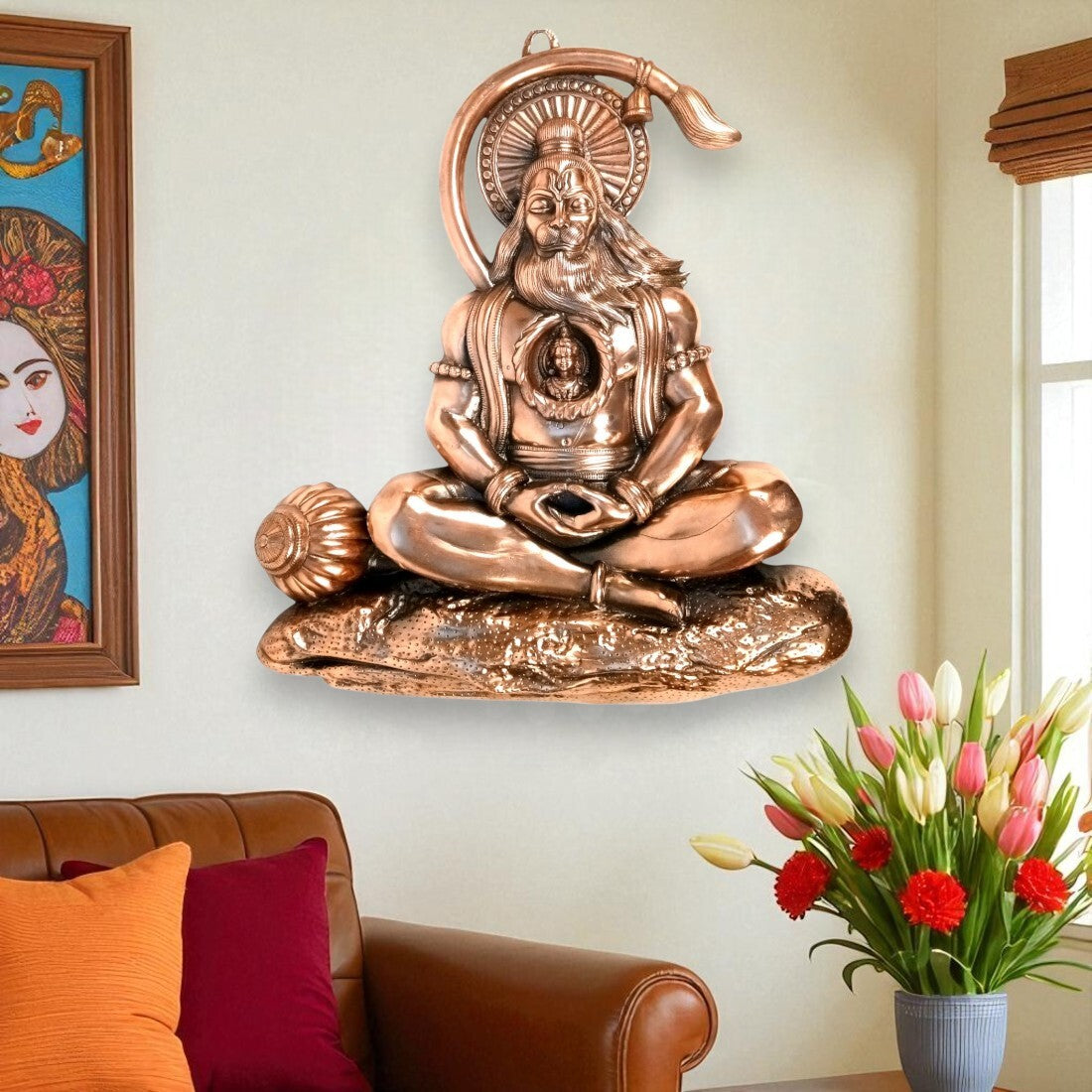 Hanuman Ji Wall Hanging | Big Religious Wall Art for Home, Temple & Living Room Decor | Handcrafted Antique Finish Metal Wall Hanging for Positivity & Strength - 31 Inch - Apkamart