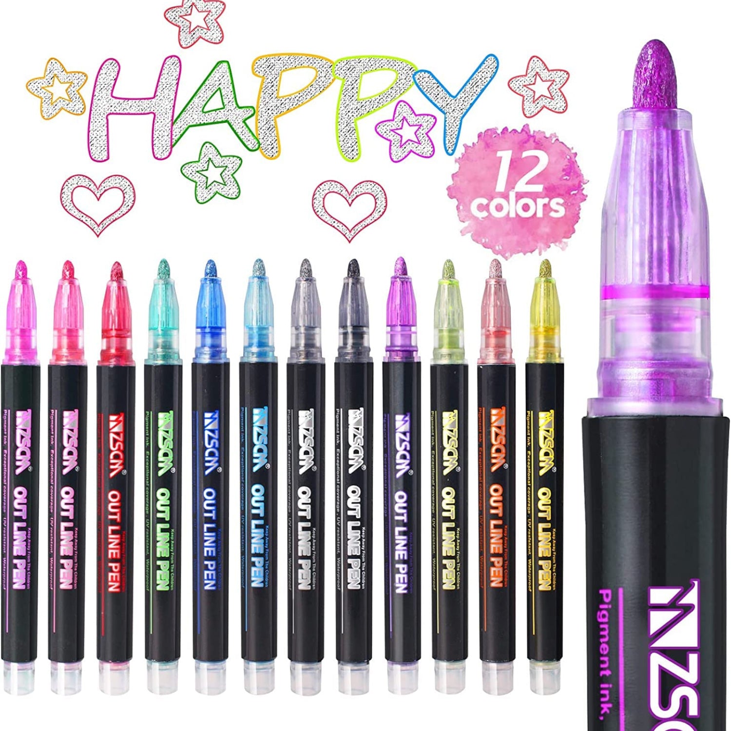 Marker Highlighters Pen | Out Line Pens in 12 Colors - for Girls, Boys, School, Crafts, Drawing, Birthday Gift & Return Gifts - Apkamart