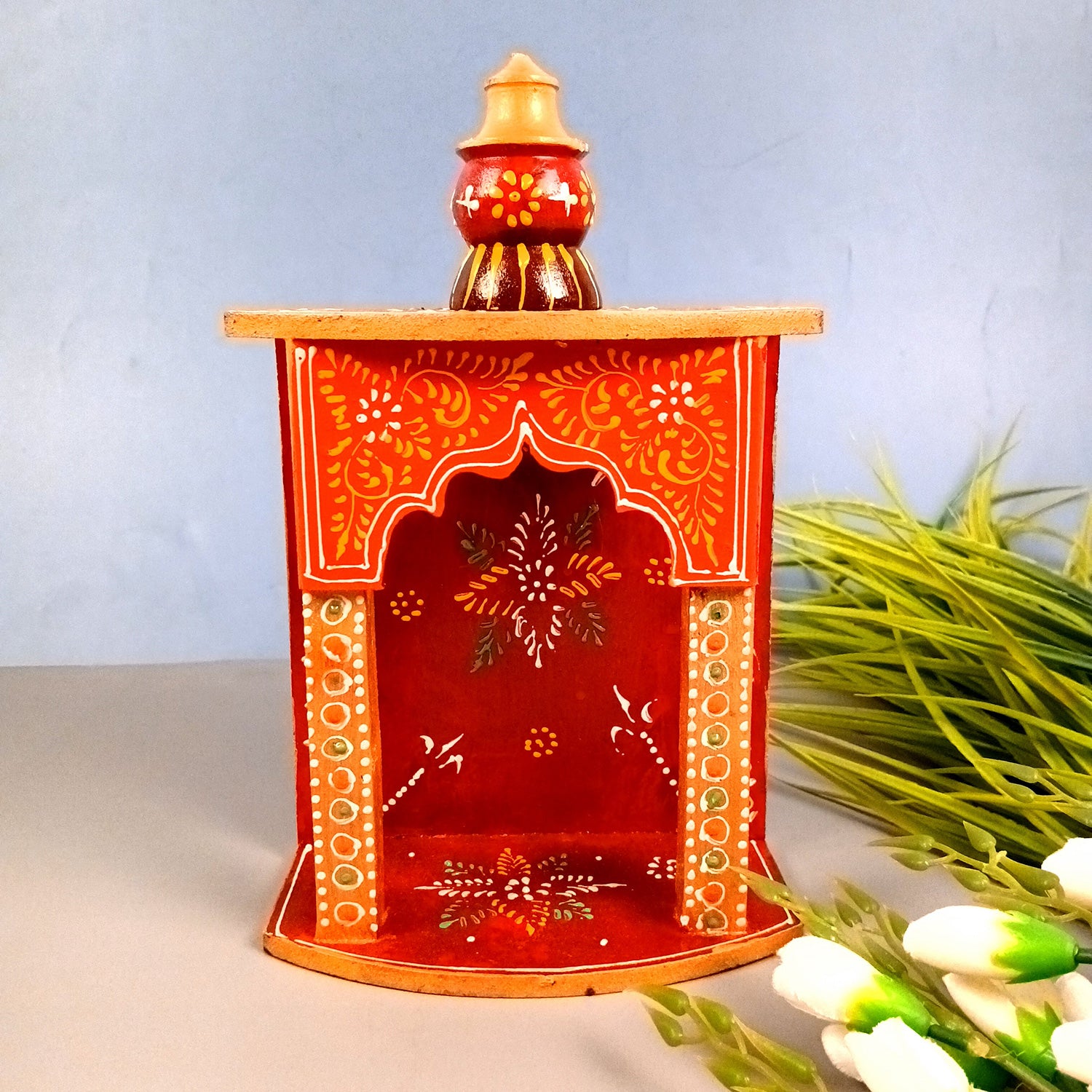 Pooja Mandir | Home Temple Wooden Wall Mounted | Hanging Puja Stand / Unit Small – For God, House, Puja Ghar, Office & Shop - 11 Inch - Apkamart #Style_Design 1