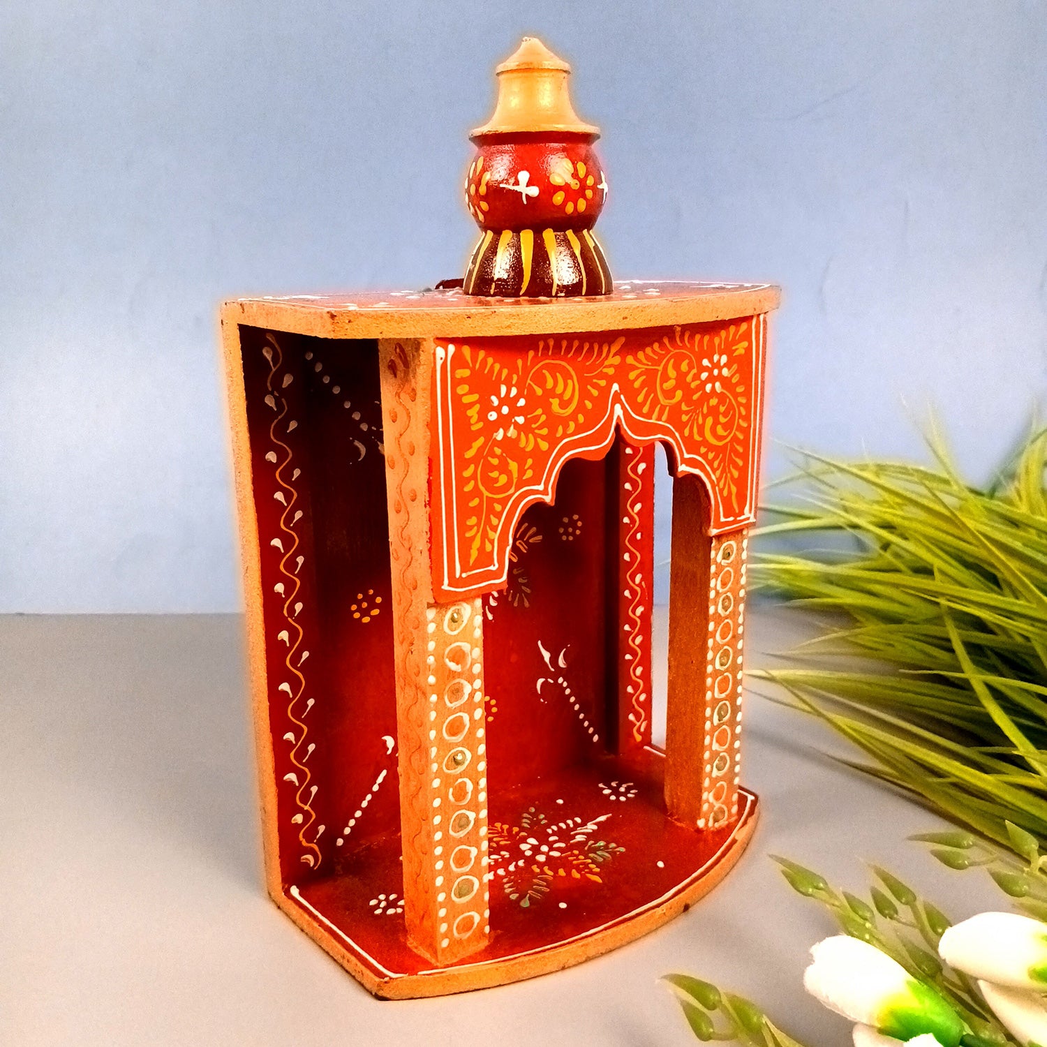 Pooja Mandir | Home Temple Wooden Wall Mounted | Hanging Puja Stand / Unit Small – For God, House, Puja Ghar, Office & Shop - 11 Inch - Apkamart #Style_Design 1