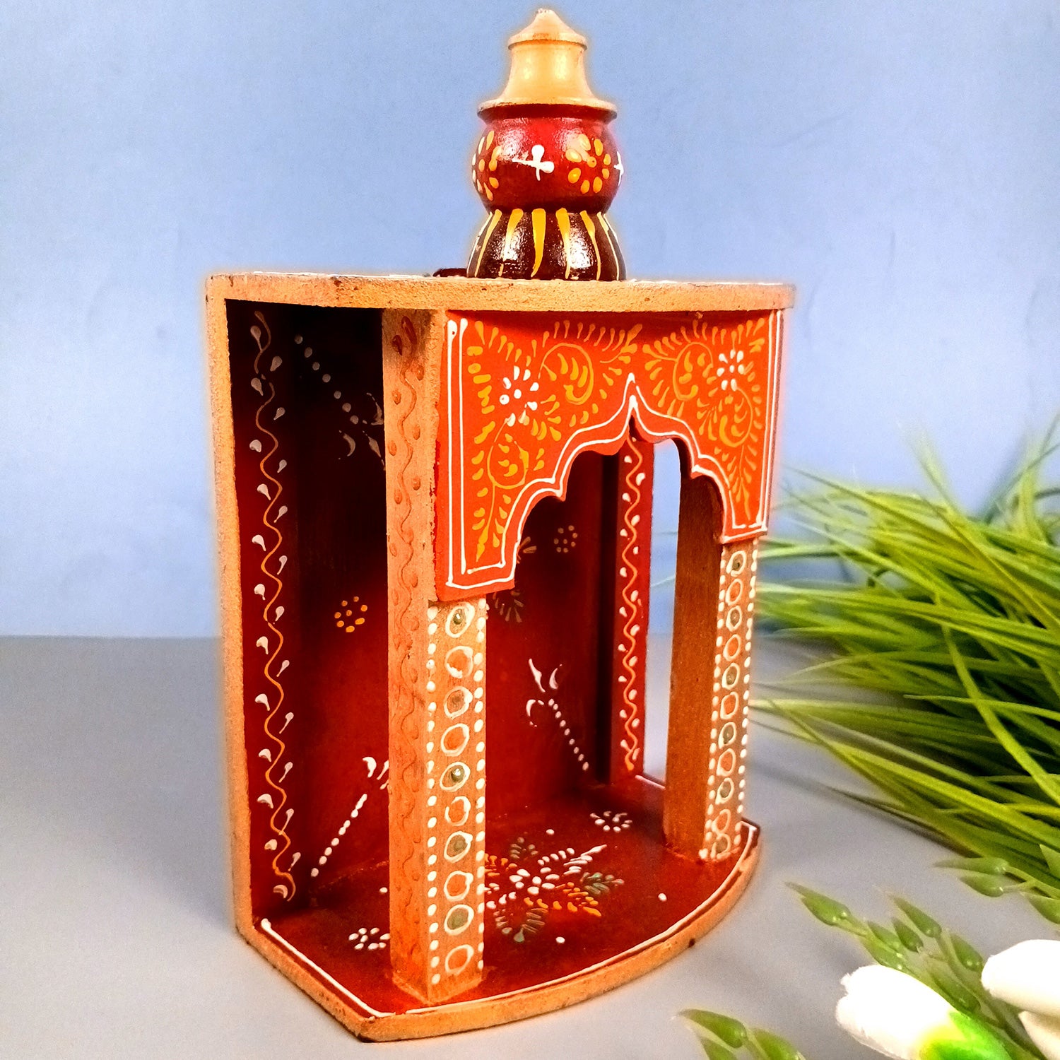 Pooja Mandir | Home Temple Wooden Wall Mounted | Hanging Puja Stand / Unit Small – For God, House, Puja Ghar, Office & Shop - 11 Inch - Apkamart #Style_Design 1
