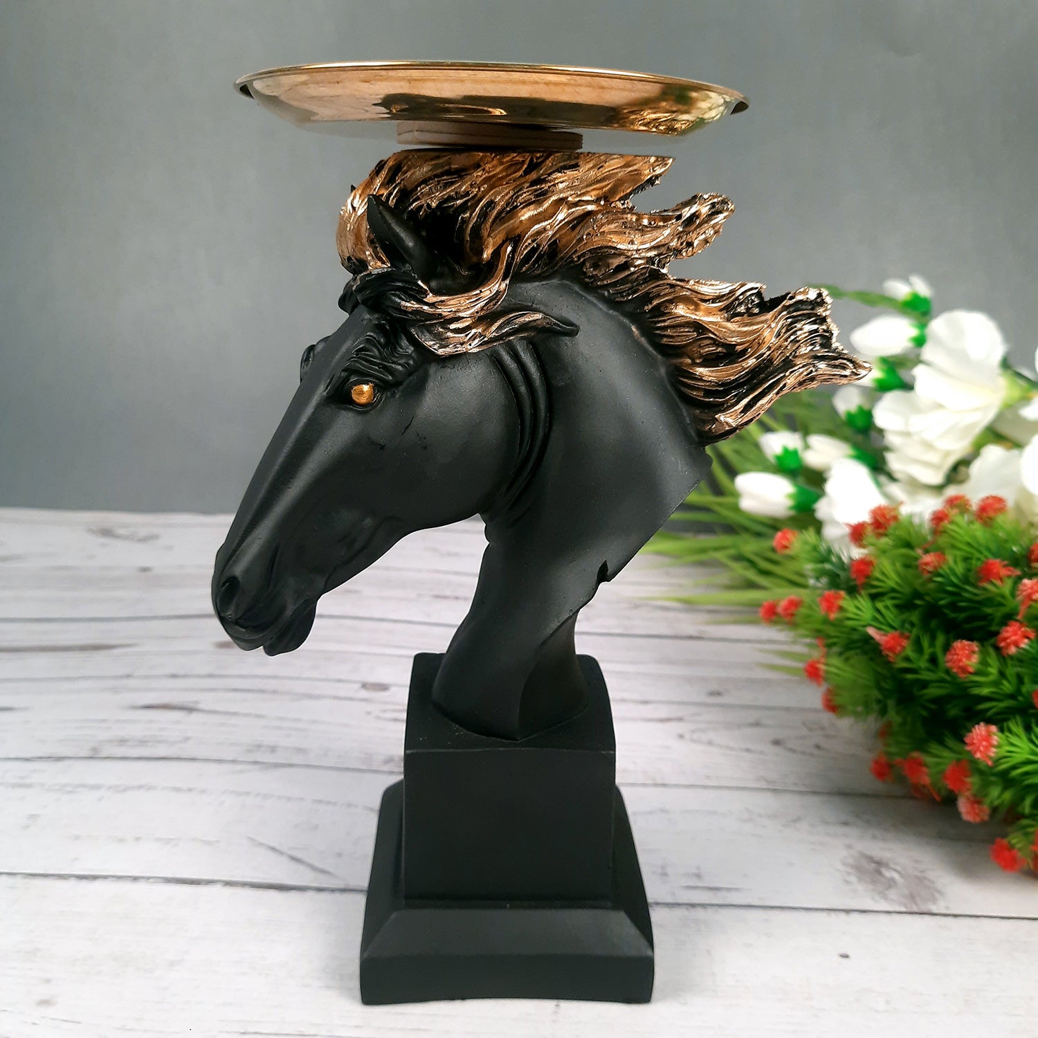 Horse Statue With Detachable Tray For Keeping Small Plant / Chocolates | Horse Face Showpiece - for Home, Table, Shelf, Good Luck, Vastu & Office Desk Decor - 10 Inch - Apkamart #Color_Black