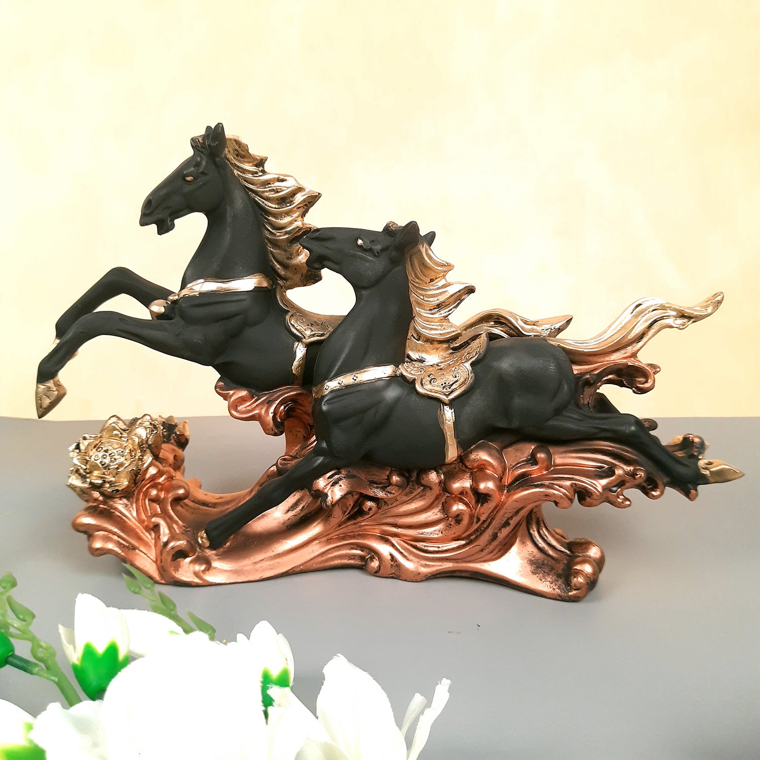 Two Running Horse Statue Figurines | Horse Showpiece Vastu, Fengshui Showpieces - for Home, Table, Shelf, Good Luck, Vastu & Office Desk Decor - 14 Inch - Apkamart #Color_Black