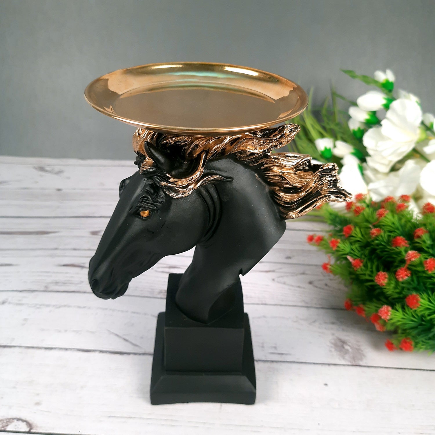 Horse Statue With Detachable Tray For Keeping Small Plant / Chocolates | Horse Face Showpiece - for Home, Table, Shelf, Good Luck, Vastu & Office Desk Decor - 10 Inch - Apkamart #Color_Black