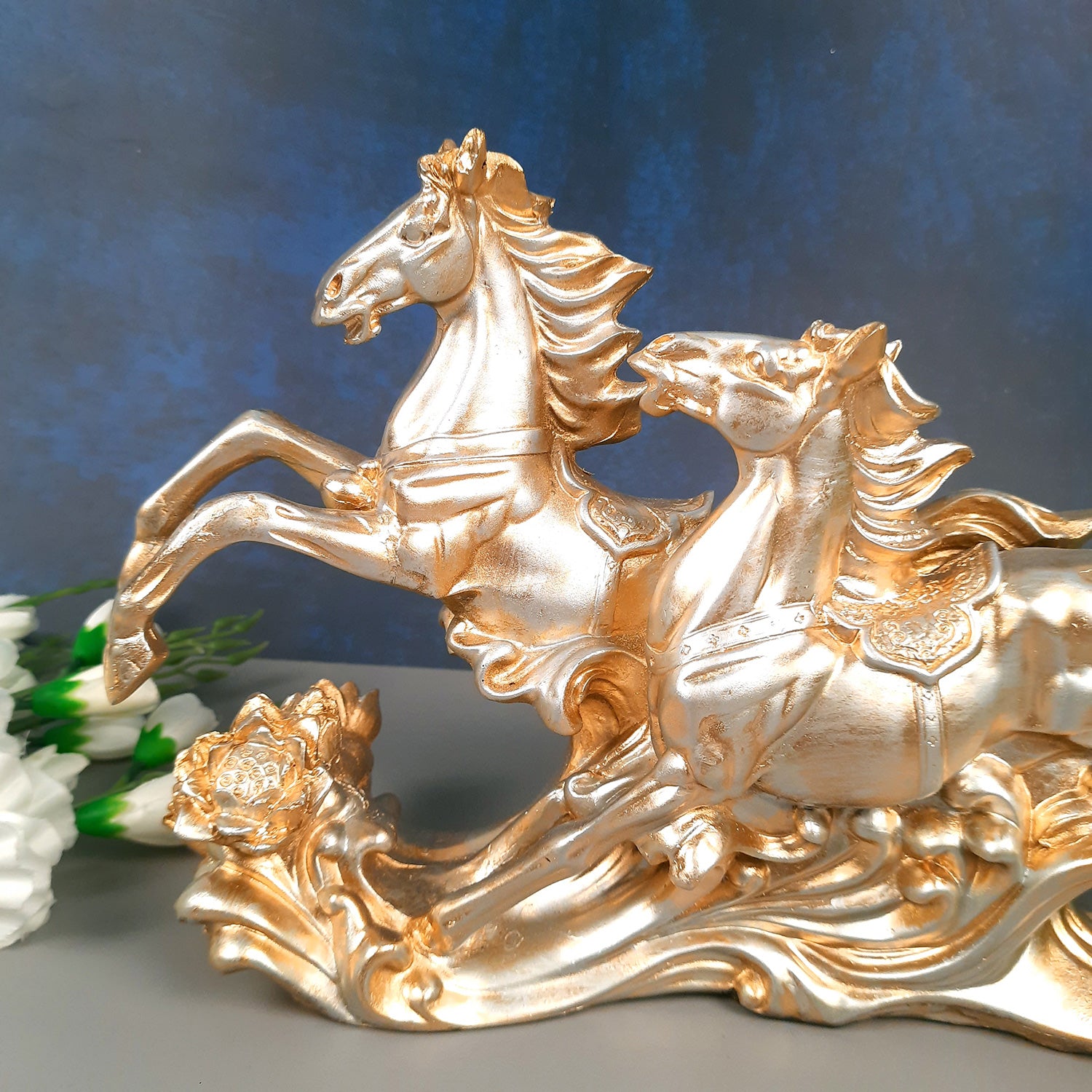 Two Running Horse Statue Figurines | Horse Showpiece Vastu, Fengshui Showpieces - for Home, Table, Shelf, Good Luck, Vastu & Office Desk Decor - 14 Inch - Apkamart #Color_Golden