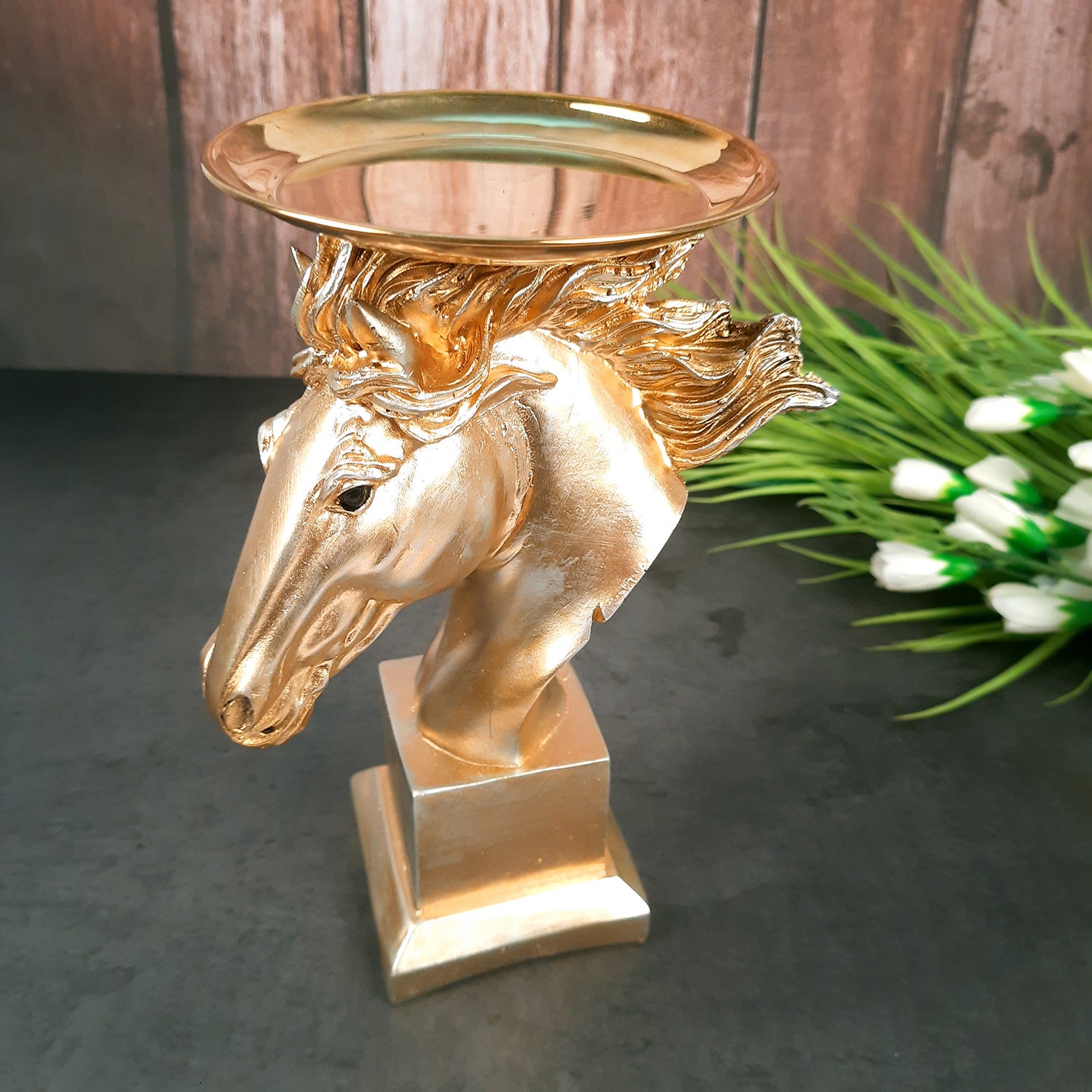 Horse Statue With Detachable Tray For Keeping Small Plant / Chocolates | Horse Face Showpiece - for Home, Table, Shelf, Good Luck, Vastu & Office Desk Decor - 10 Inch - Apkamart #Color_Golden