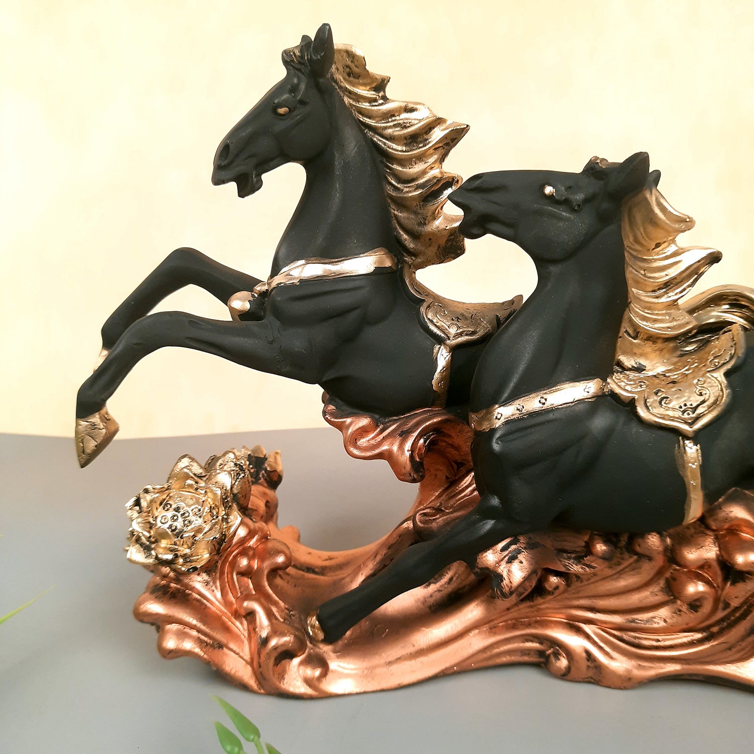 Two Running Horse Statue Figurines | Horse Showpiece Vastu, Fengshui Showpieces - for Home, Table, Shelf, Good Luck, Vastu & Office Desk Decor - 14 Inch - Apkamart #Color_Black