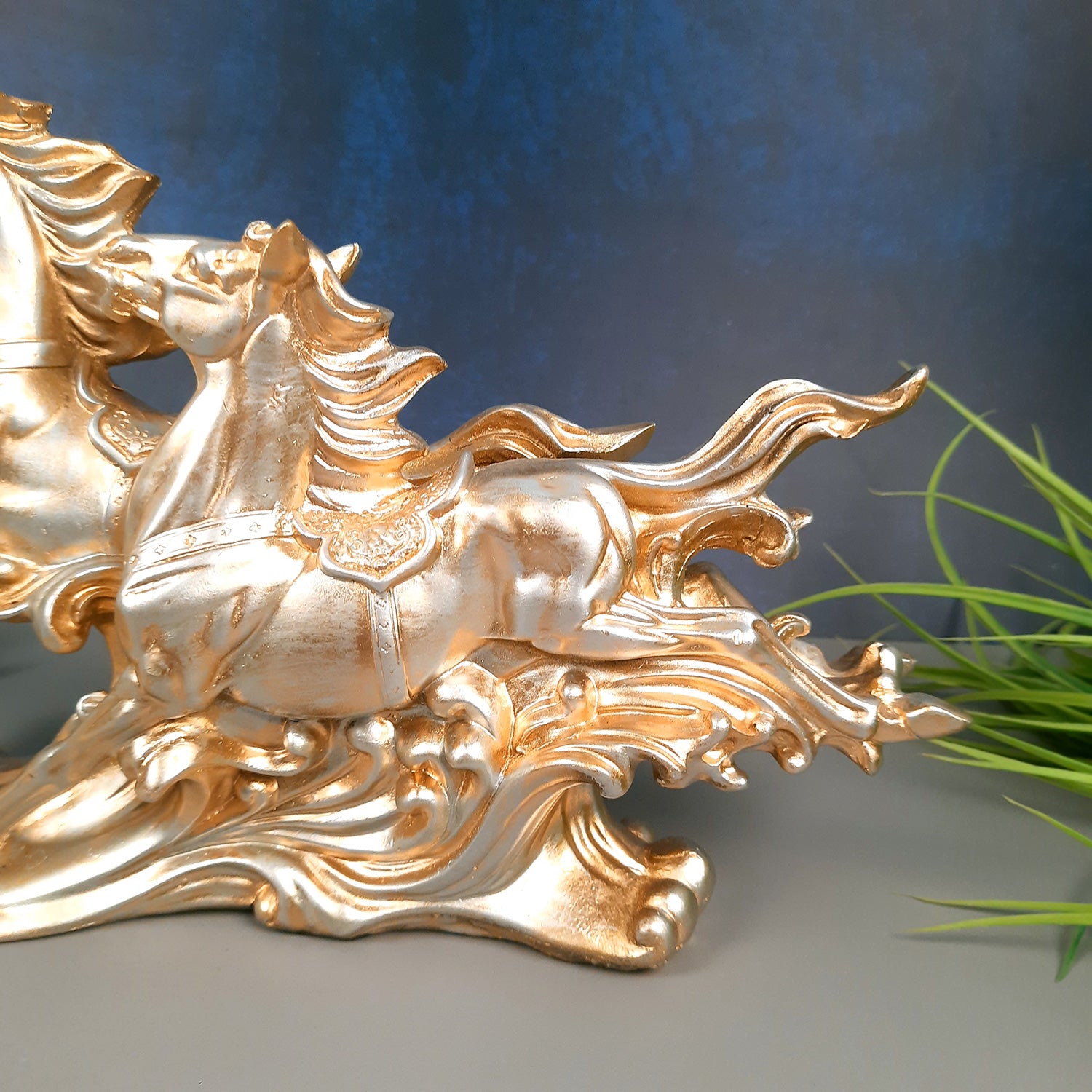 Two Running Horse Statue Figurines | Horse Showpiece Vastu, Fengshui Showpieces - for Home, Table, Shelf, Good Luck, Vastu & Office Desk Decor - 14 Inch - Apkamart #Color_Golden