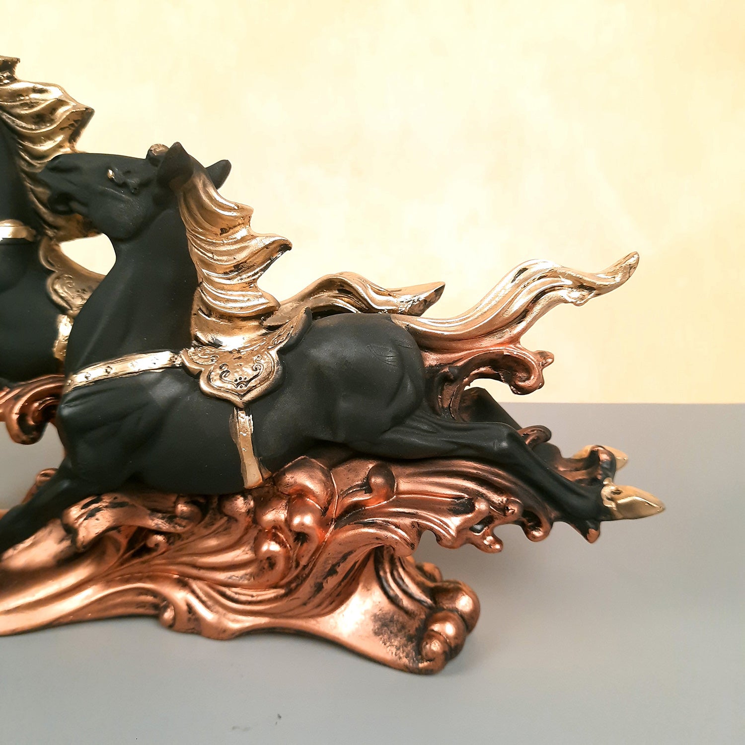 Two Running Horse Statue Figurines | Horse Showpiece Vastu, Fengshui Showpieces - for Home, Table, Shelf, Good Luck, Vastu & Office Desk Decor - 14 Inch - Apkamart #Color_Black