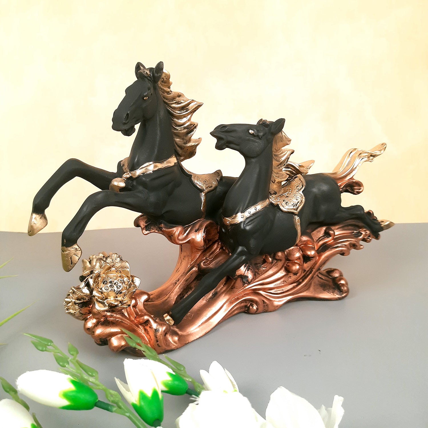 Two Running Horse Statue Figurines | Horse Showpiece Vastu, Fengshui Showpieces - for Home, Table, Shelf, Good Luck, Vastu & Office Desk Decor - 14 Inch - Apkamart #Color_Black