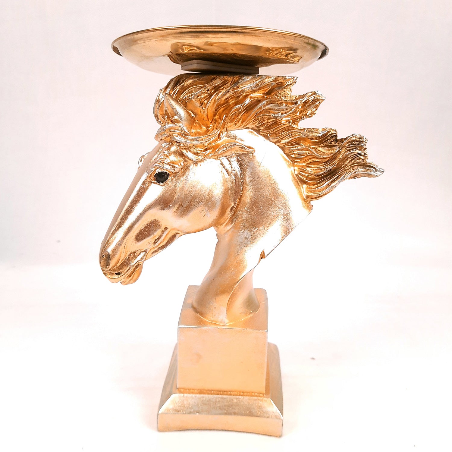 Horse Statue With Detachable Tray For Keeping Small Plant / Chocolates | Horse Face Showpiece - for Home, Table, Shelf, Good Luck, Vastu & Office Desk Decor - 10 Inch - Apkamart #Color_Golden
